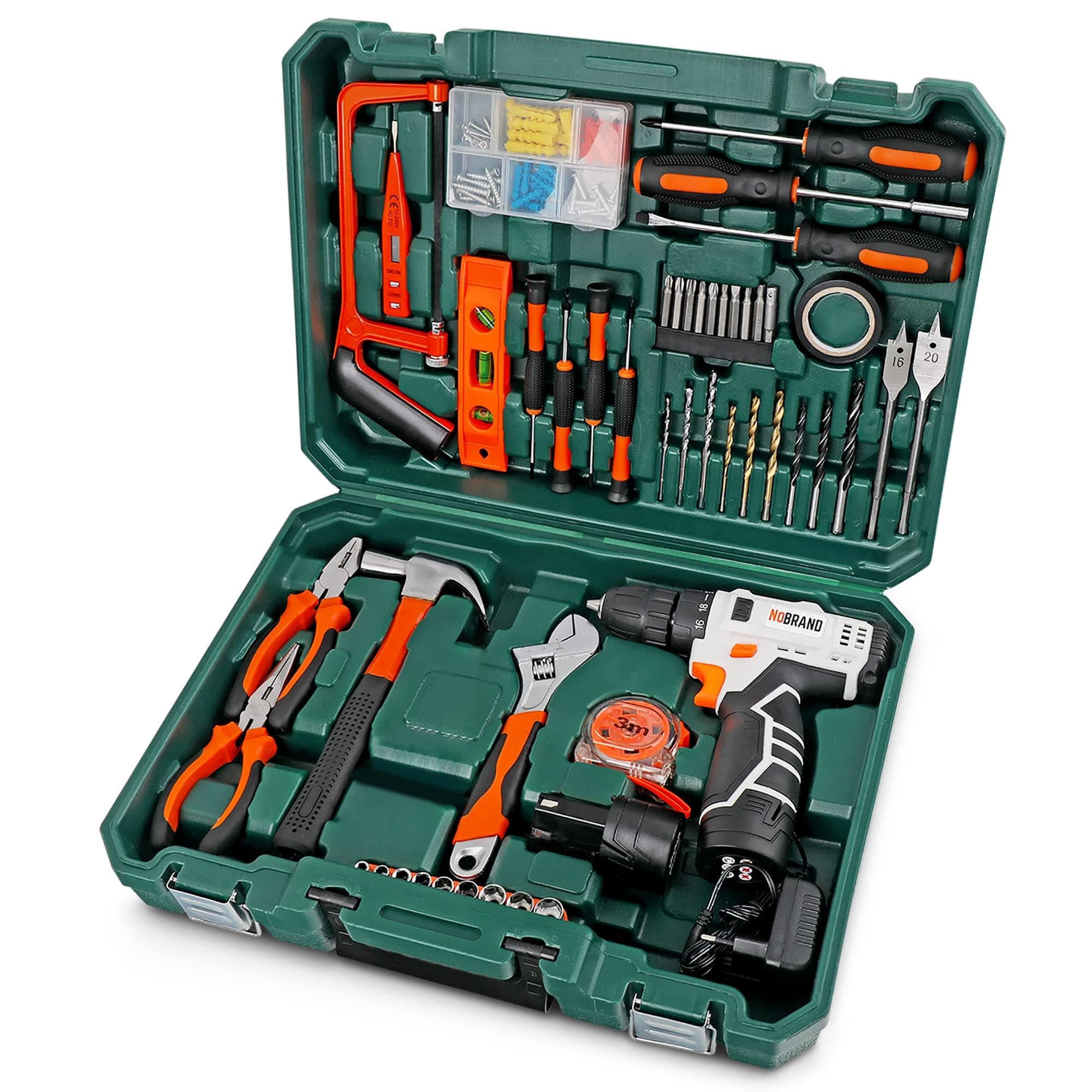 Tool Box with 12V Cordless Drill, 108-Piece. Includes Two Batteries, Hand Tools, Screwdriver Set, Drill Bits, Socket Set, Spanners and More for Home and Mechanical Repair and Maintenance.