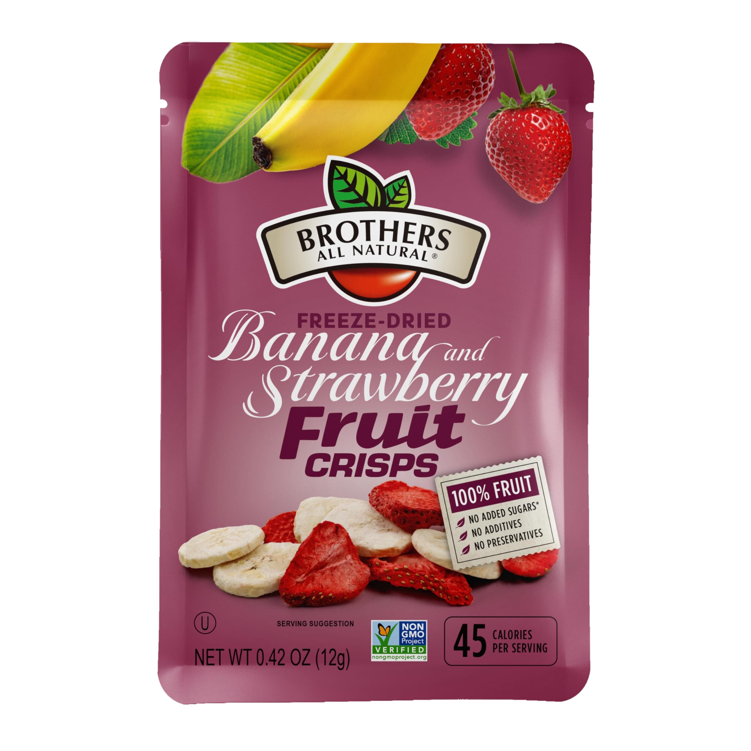 Brothers All Natural Freeze Dried Fruit Crisps, Banana Strawberry, 0.42 Oz (Pack of 24), Made with 100% Fruit, Gluten Free, Soy Free, Vegan, Healthy Snack, Lunch Box Ready