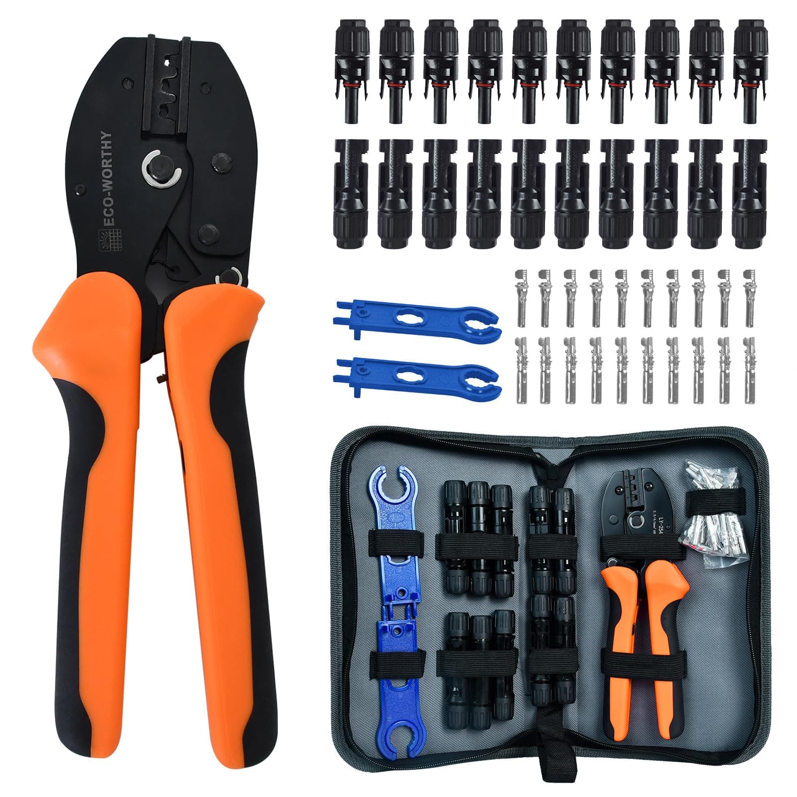 Solar Crimper Tool Kit for Solar Panel Cable Wire ： 1PCS Solar Crimper and 10Pairs Solar connectors and 1Pair Solar Connector Spanner Wrench, Solar Installation Assembly Tools