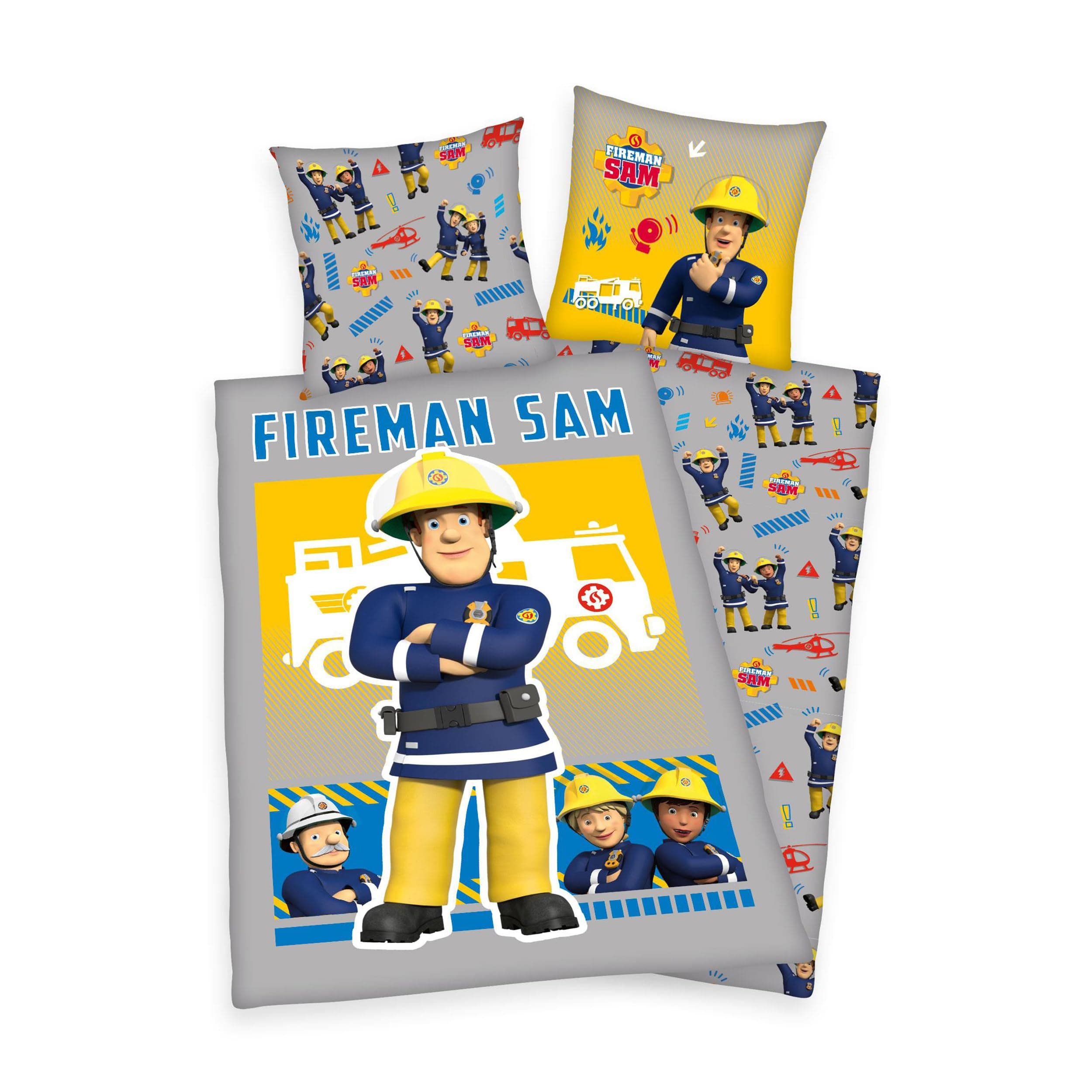 HerdingFireman Sam Bed Linen Set, Pillowcase 80 x 80 cm with Zip Closure and Reversible Pattern, Duvet Cover 135 x 200 cm with Zip, Glow in the Dark, 100% Cotton/Renforcé