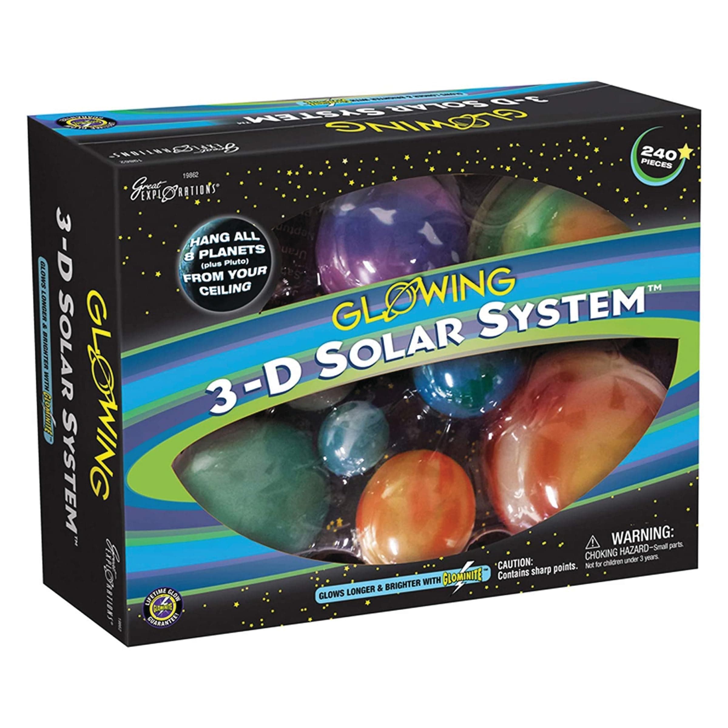 Great Explorations, 3-D Solar System Glow In The Dark Ceiling Hanging Kit 3D Planets and Star Stickers Create the Milky Way Teach Science STEM