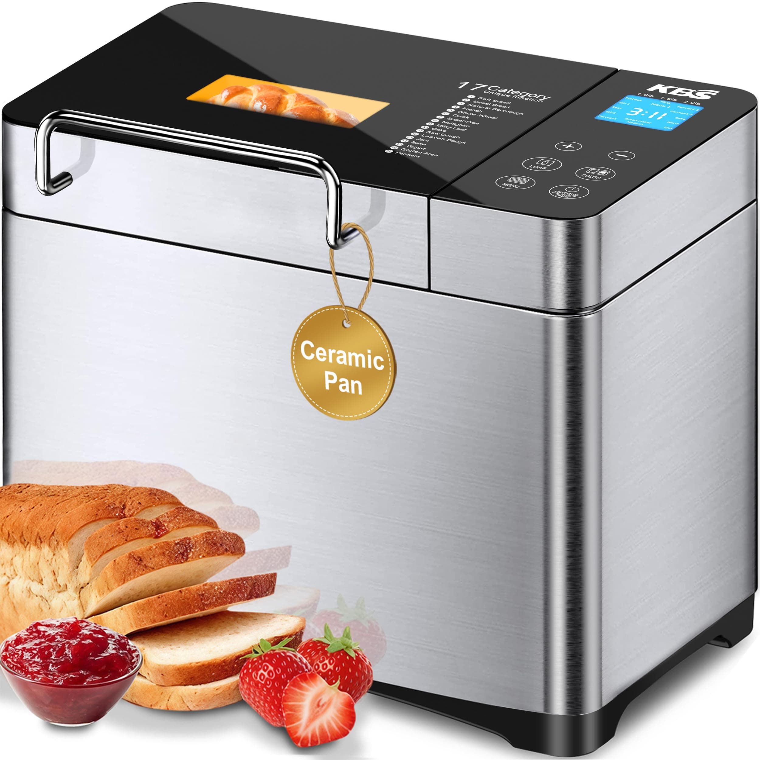 KBS Bread Maker Nut Dispenser with High-End Version Automatic 2LB Convection Bread Maker Gluten Free Large LCD Display Touch Screen and 17pcs Menu 2 LB 1-High-End Version