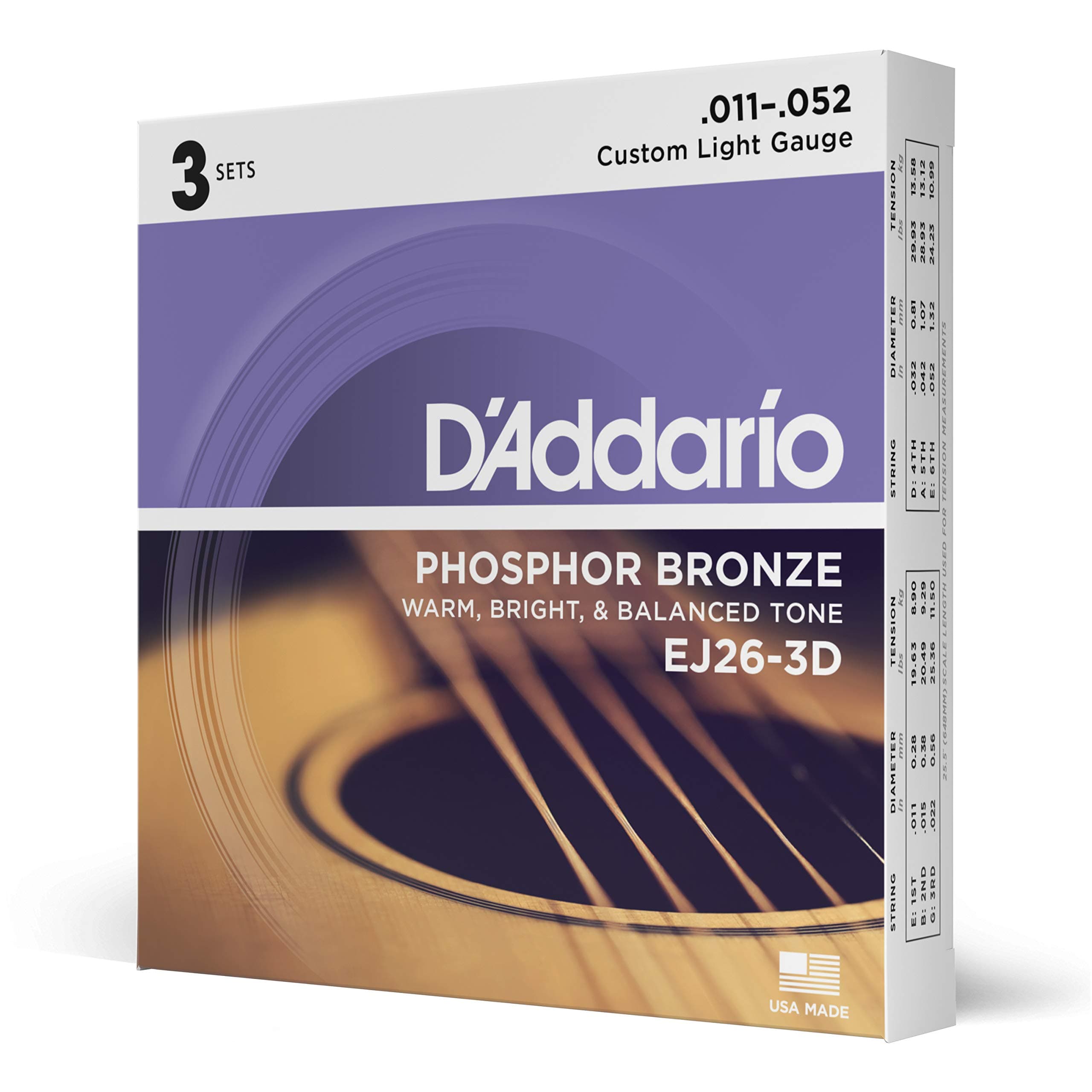 Guitar Strings - Phosphor Bronze Acoustic Guitar Strings - EJ26-3D - Rich, Full Tonal Spectrum - For 6 String Guitars - 11-52 Custom Light, 3-Pack