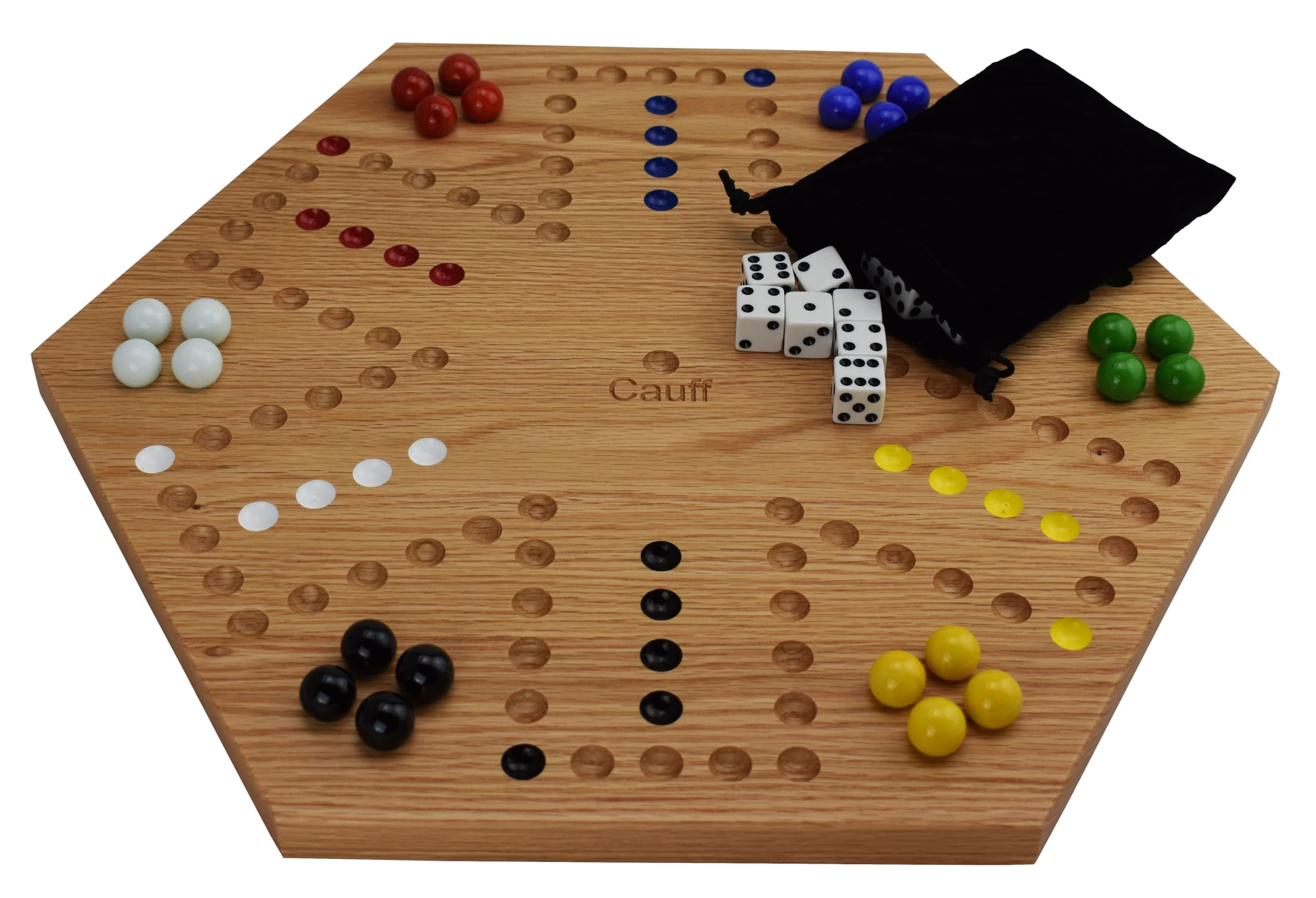 20 Inch Solid Oak Double-Sided Marble/Wahoo Board Game with Hand-Finished and Hand-Painted Oak, Glass Marbles, Velvet Bag, 4 and 6 Player Sides - Premium Family Game