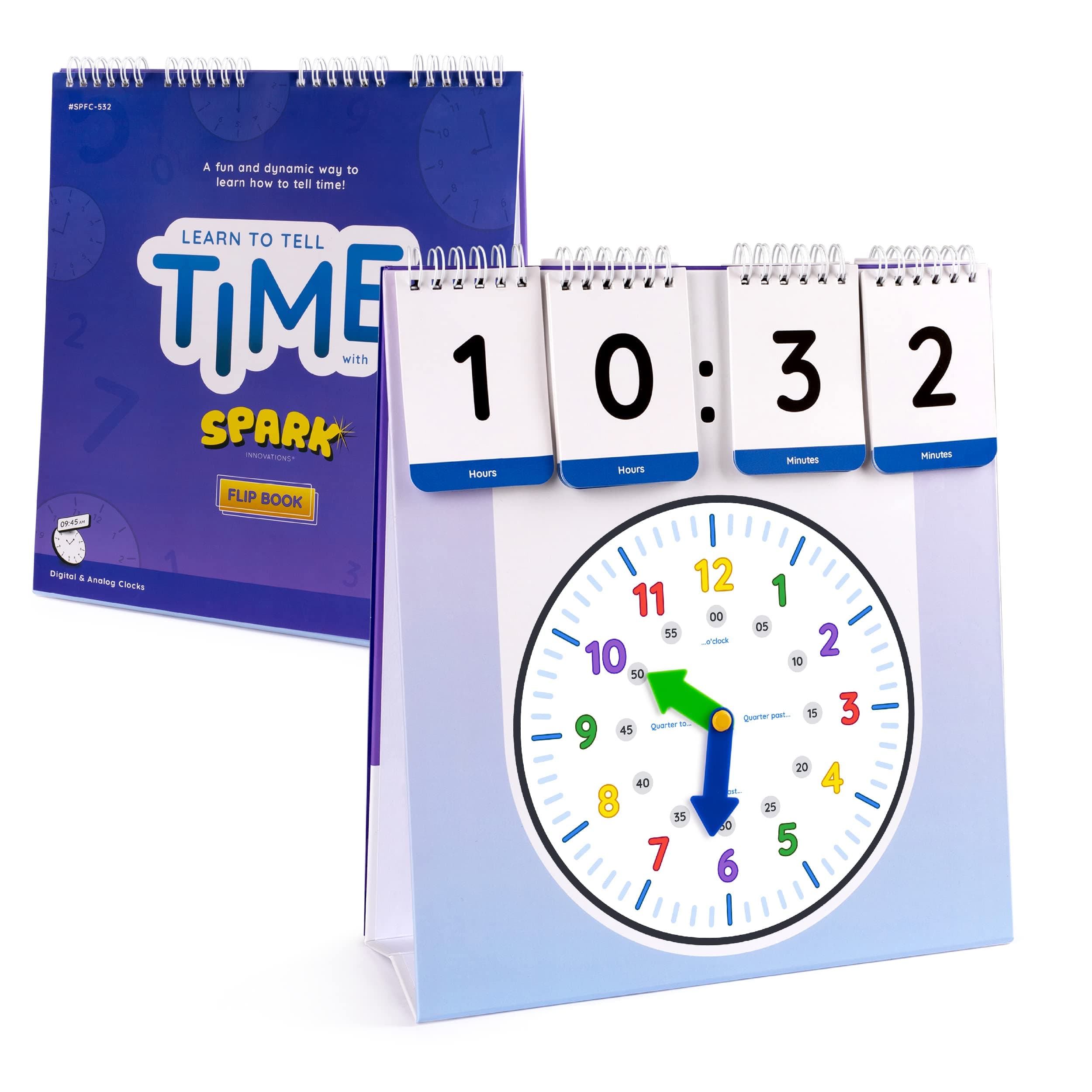 SPARK INNOVATIONS Large Learning Clock Telling Time Clock, Kids Teaching Clock Flipbook to Teach Children How to Tell Time, Analogue and Digital Clocks Writeable Dry Erase Option