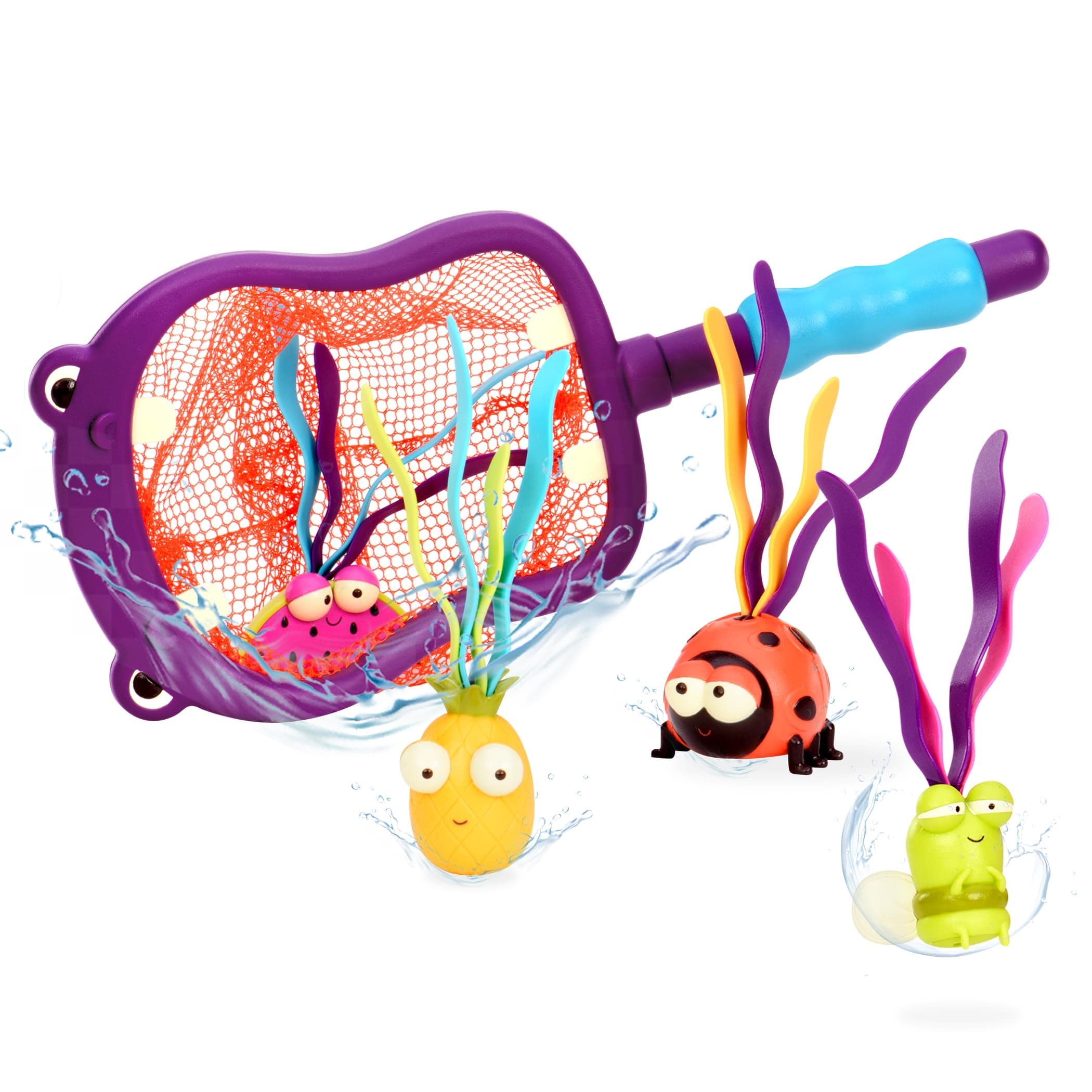 B. toys – Hippo Scoop-A – Dive and Retrieve Pool Game Set – Five-Piece Water Play Activity Featuring Net and Floating Characters – Interactive Summer Toy for Preschoolers – Age 3+