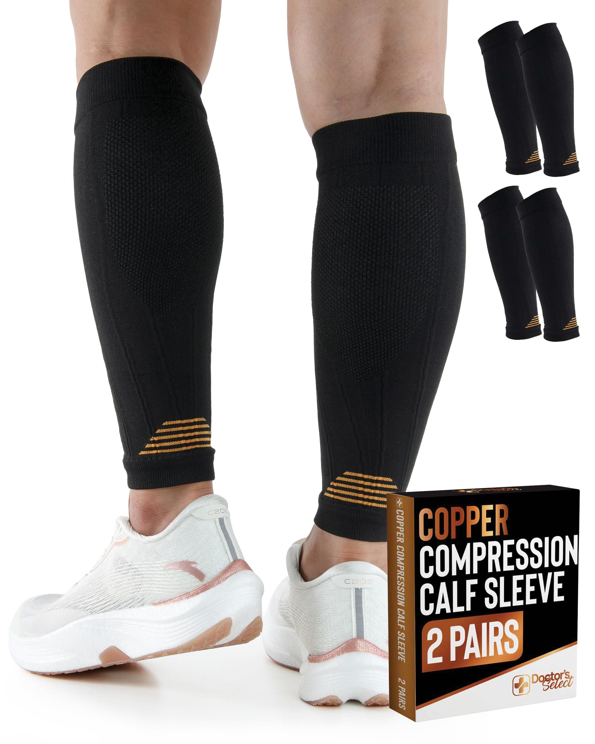 Doctor's Select 2 Pairs Copper Calf Compression Sleeve - Leg Compression Sleeves for Women & Men, Shin Splint Relief