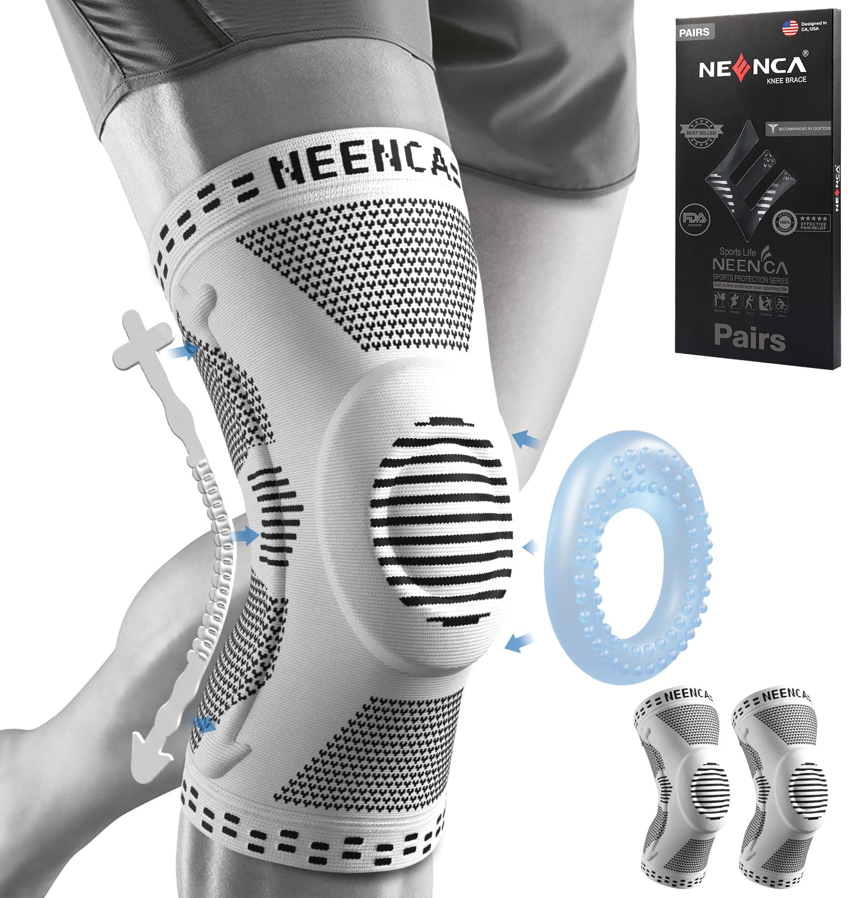 2 Pack Knee Braces for Knee Pain, Compression Knee Sleeves with Patella Gel Pad & Side Stabilizers, Knee Support for Meniscus Tear, Arthritis, Joint Pain, ACL, Runner, Workout