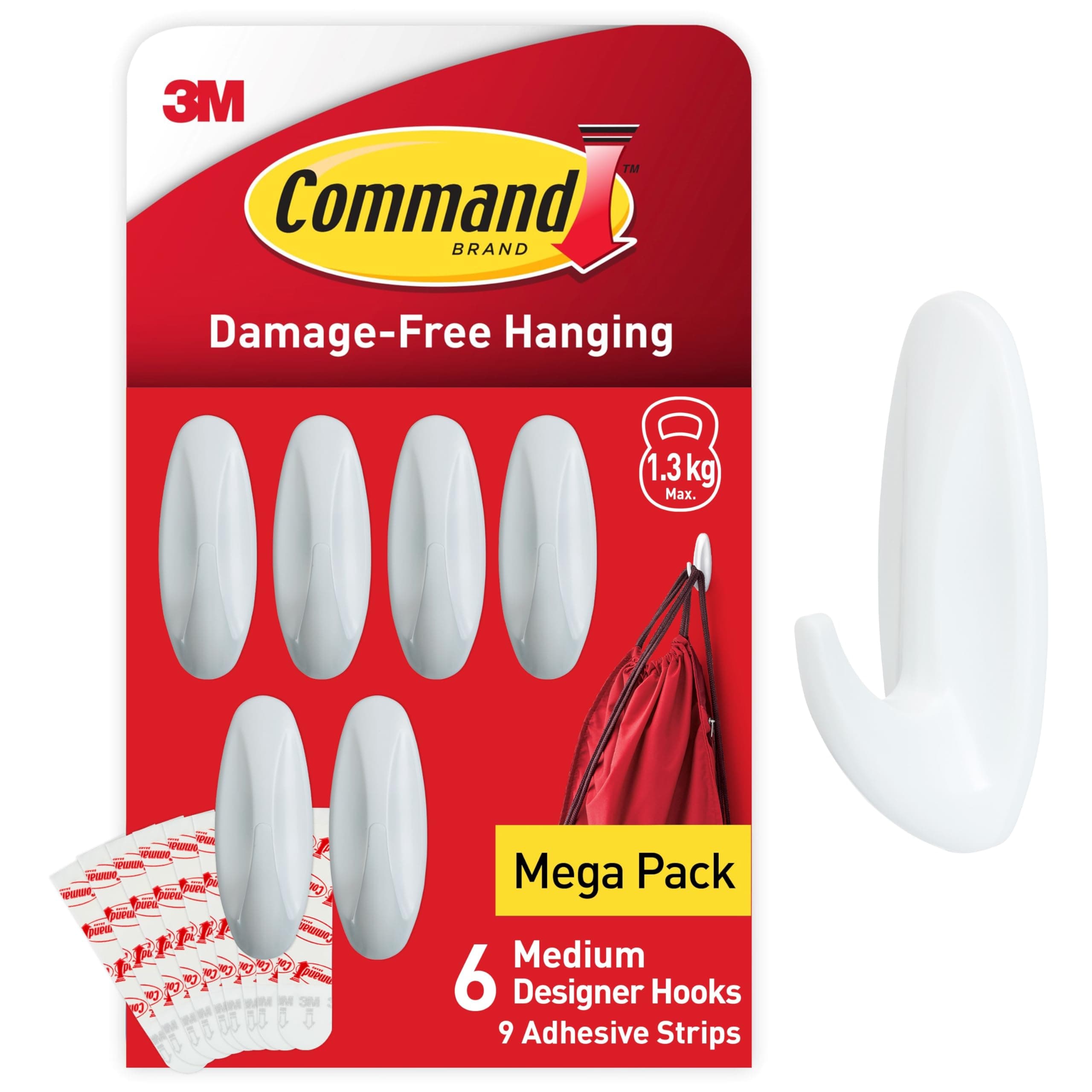 Command Medium Designer Hooks, White - Pack of 6 Hooks and 9 Adhesive Strips - Damage Free Hanging - Holds up to 1.3kg