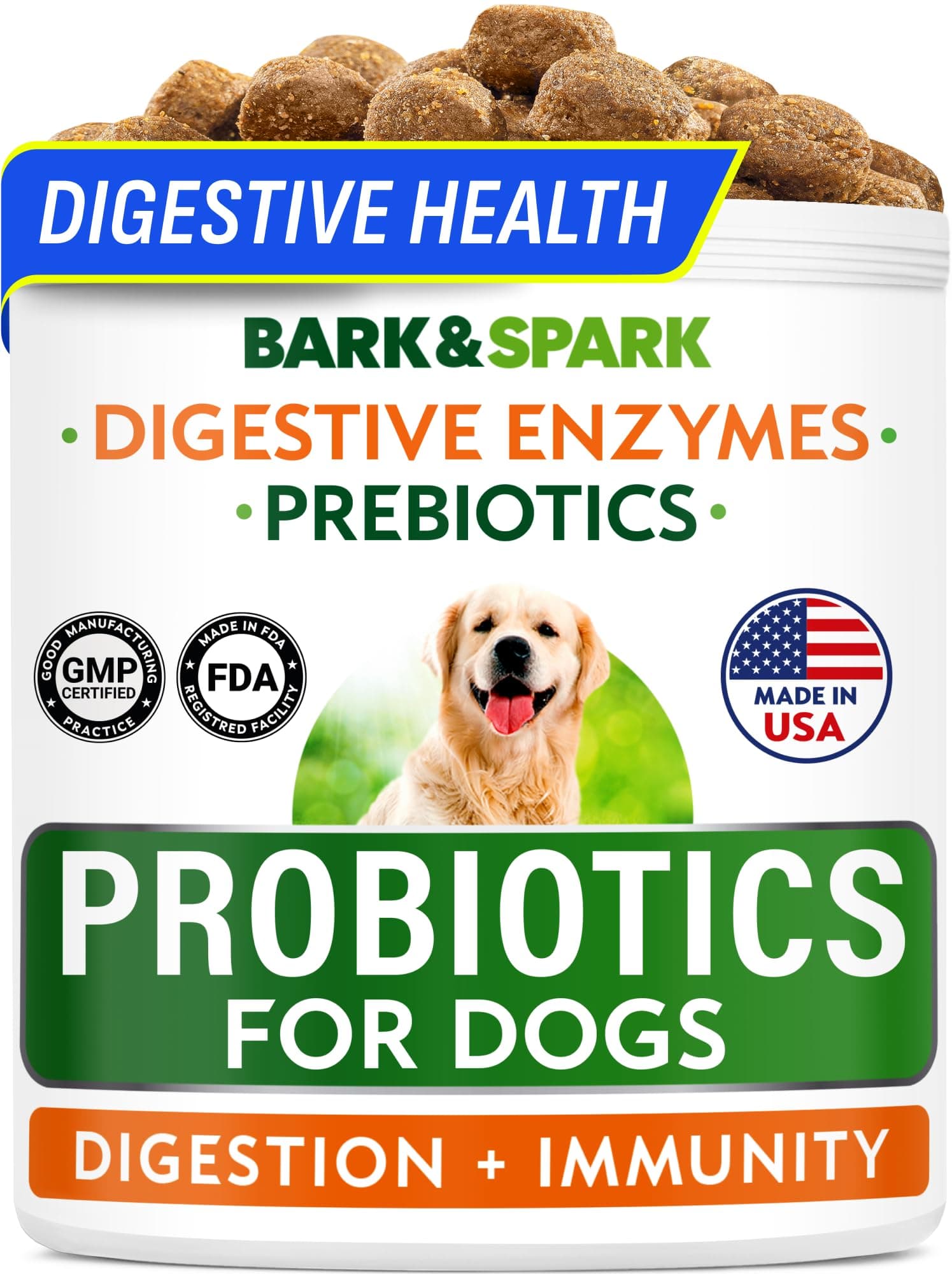BARK&SPARK Probiotics for Dogs Digestive Health w/Enzymes - Diarrhea Gas Treatment Upset Stomach Relief - Allergy & Itchy Skin - Pet Dogs Probiotics - Digestion Supplement Treat (120Ct Chicken)