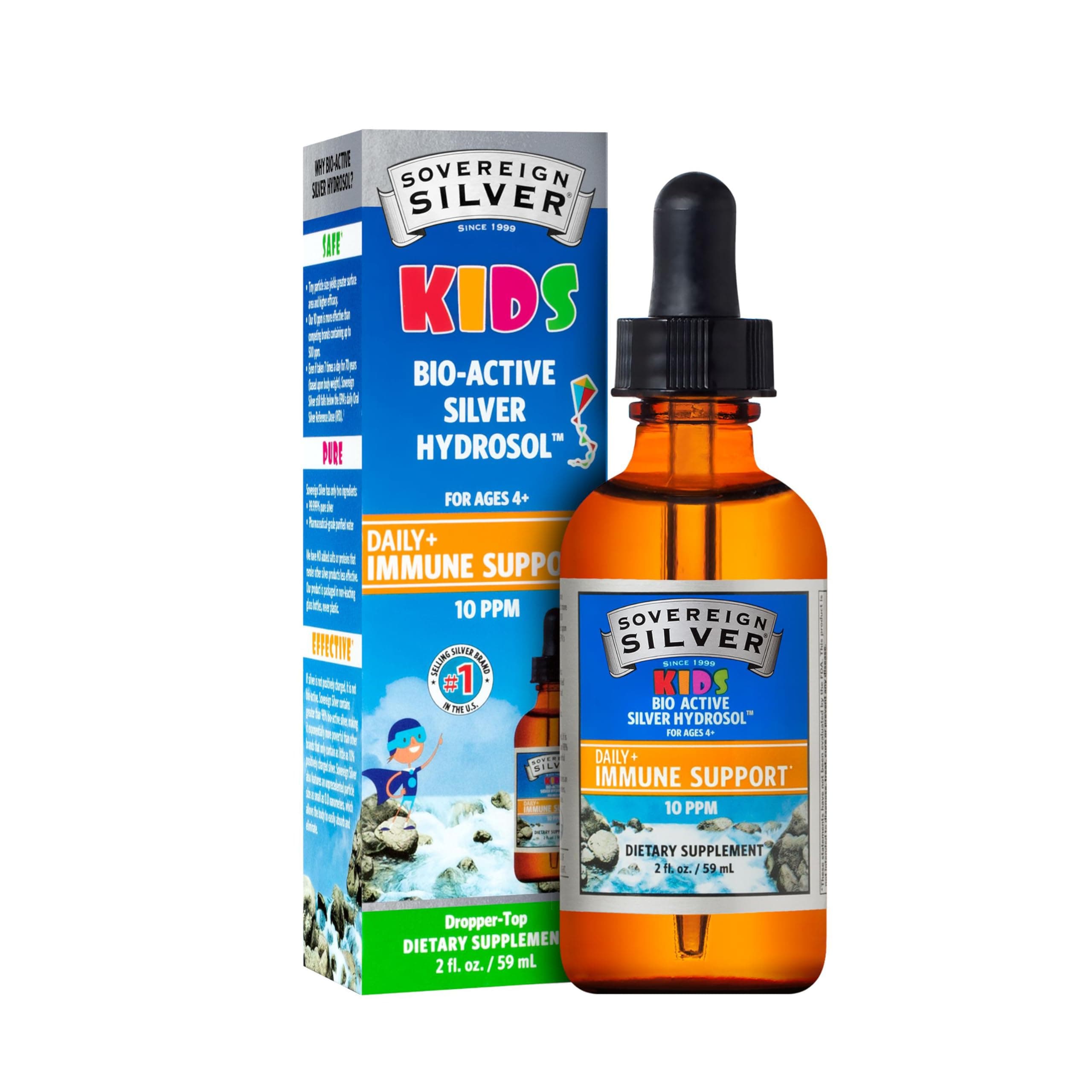 Kids Immune Support - Colloidal Silver, Bio-Active Silver Hydrosol, 10 ppm, Liquid Dropper, 2 Fl Oz, (59 mL)