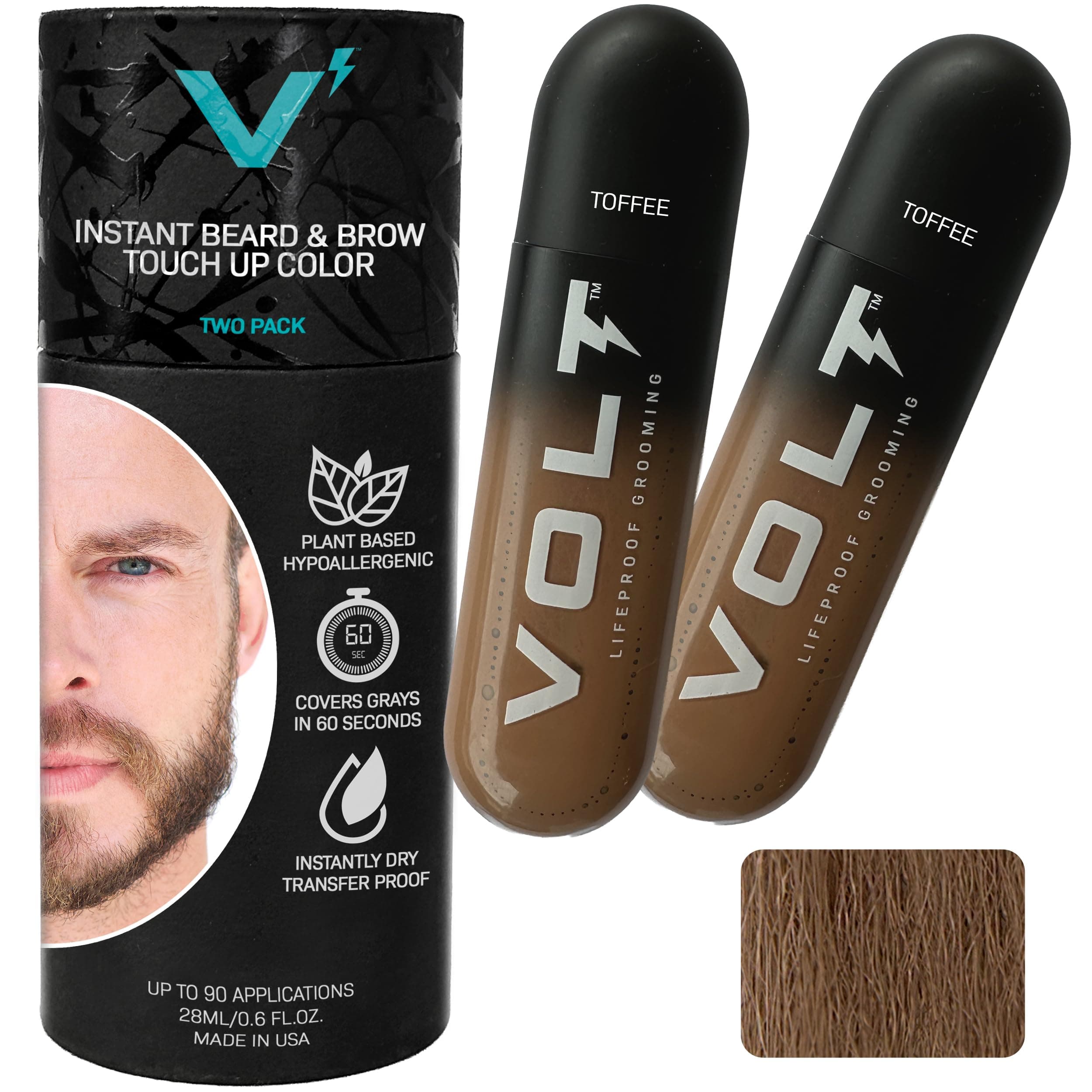 VOLT Grooming Temporary Instant Beard Color for Men, Quick-Drying Plant-Based Brush-On Beard, Hair, Mustache & Eyebrow Color, Safe for Sensitive Skin, Toffee Light Brown, 2-Pack Refill