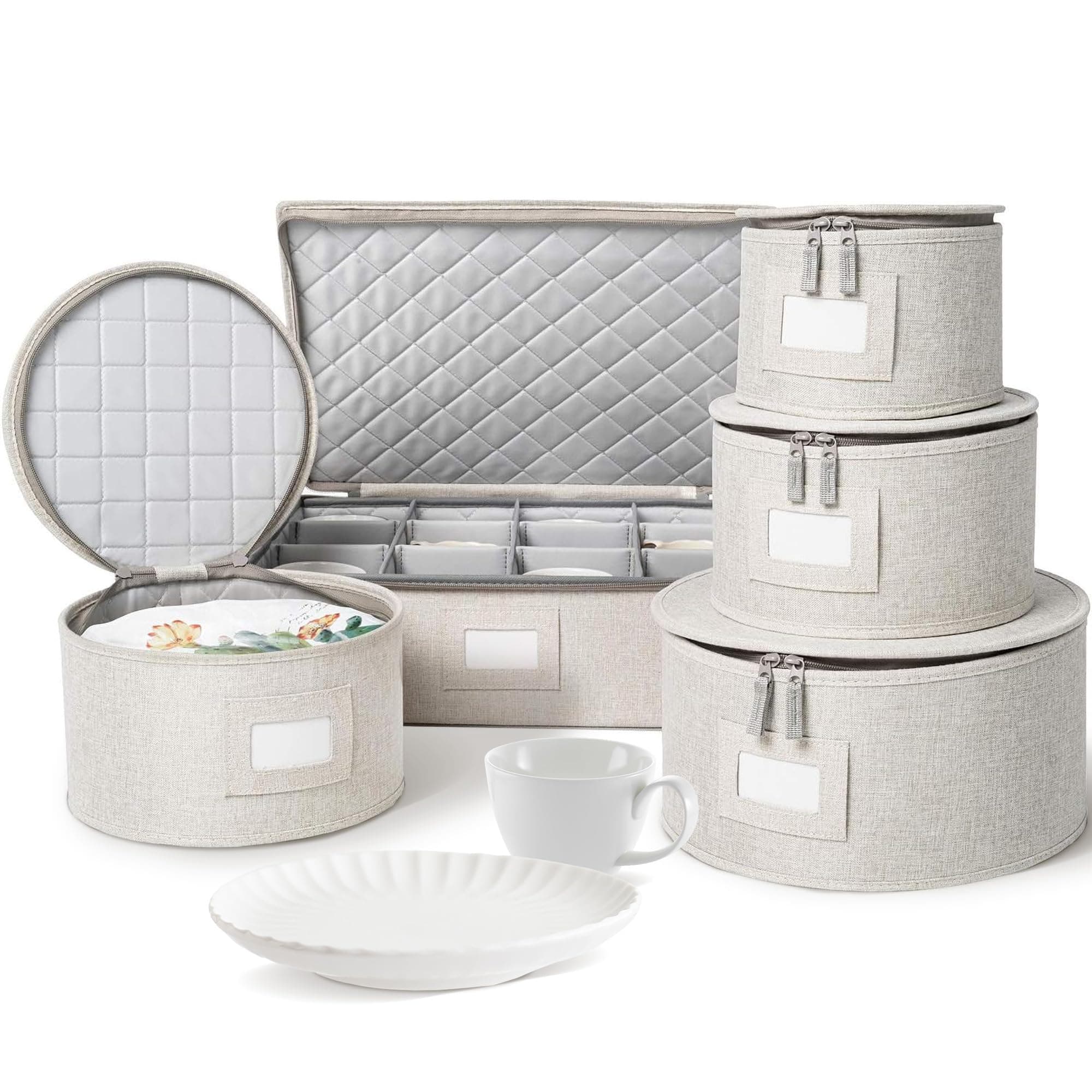 StorageLAB China Storage Set, Hard Shell and Stackable, for Dinnerware Storage and Transport, Protects Dishes Cups and Mugs, Felt Plate Dividers Included (Cream, 5 Piece Quilted Set for China Storage)