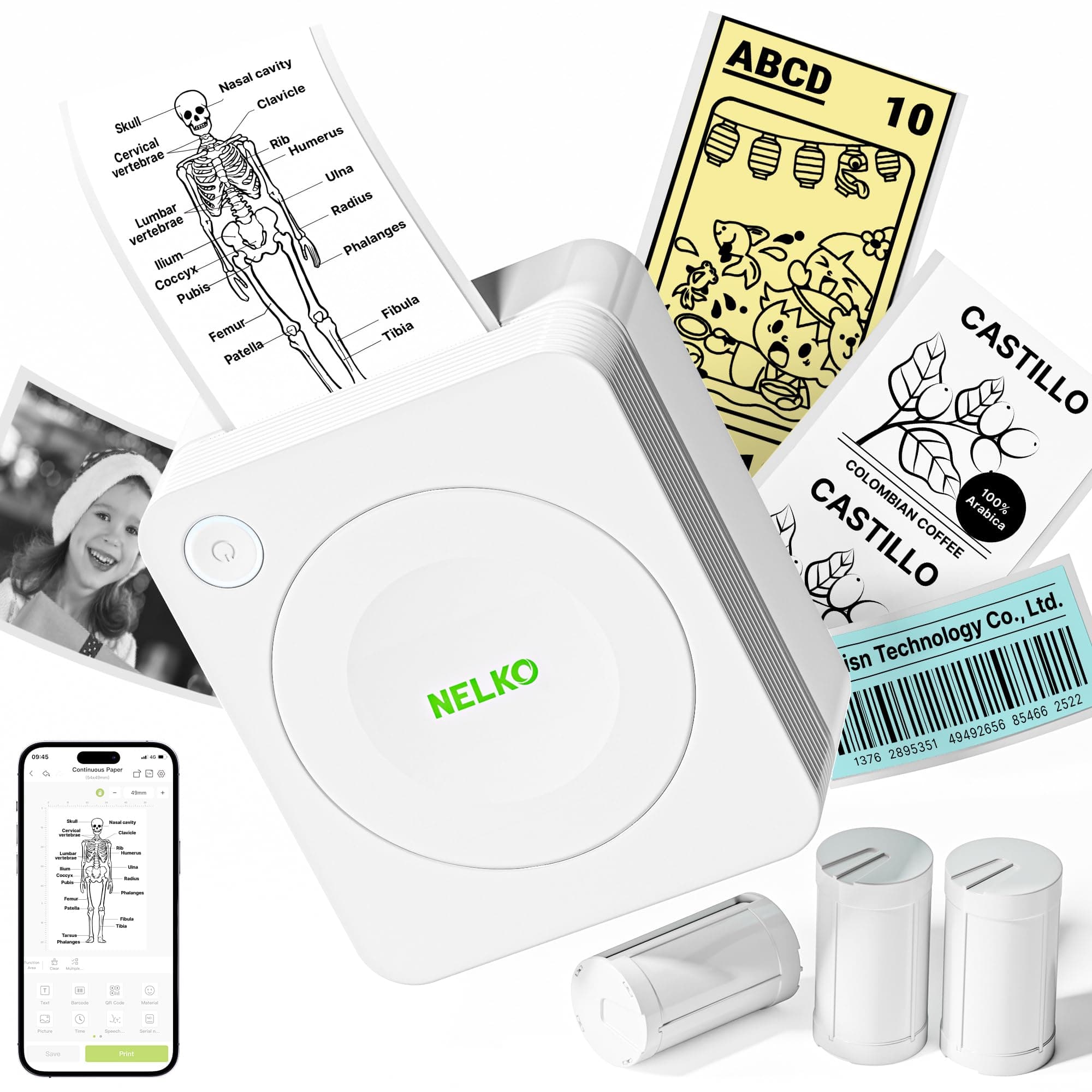 Nelko Sticker Printer, PM230 Bluetooth Portable Mini Printer with 3 Rolls, for DIY Creation, Smart AI APP, Study Notes, Pictures, Receipts, List, Multiple Templates for Phone & Tablet, White