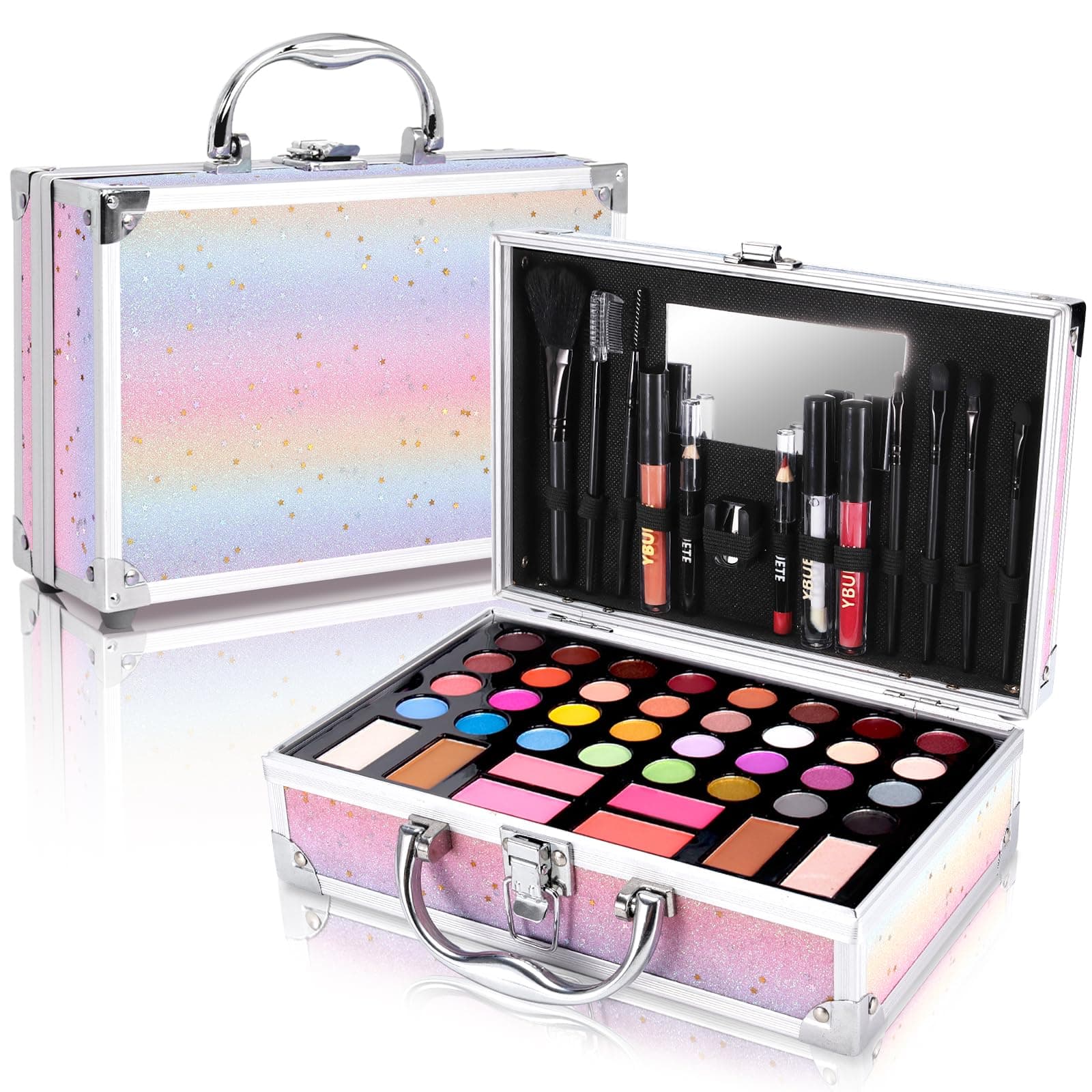YBUETE Beginner Makeup Kit for Teen,Makeup Set for Girl Women,Beginner Makeup Kit with Cosmetic Train Case Included 32 Colors Eyeshadow Blush Contour Lip Gloss Lip Liner Eyeliner Brush Set Mirror