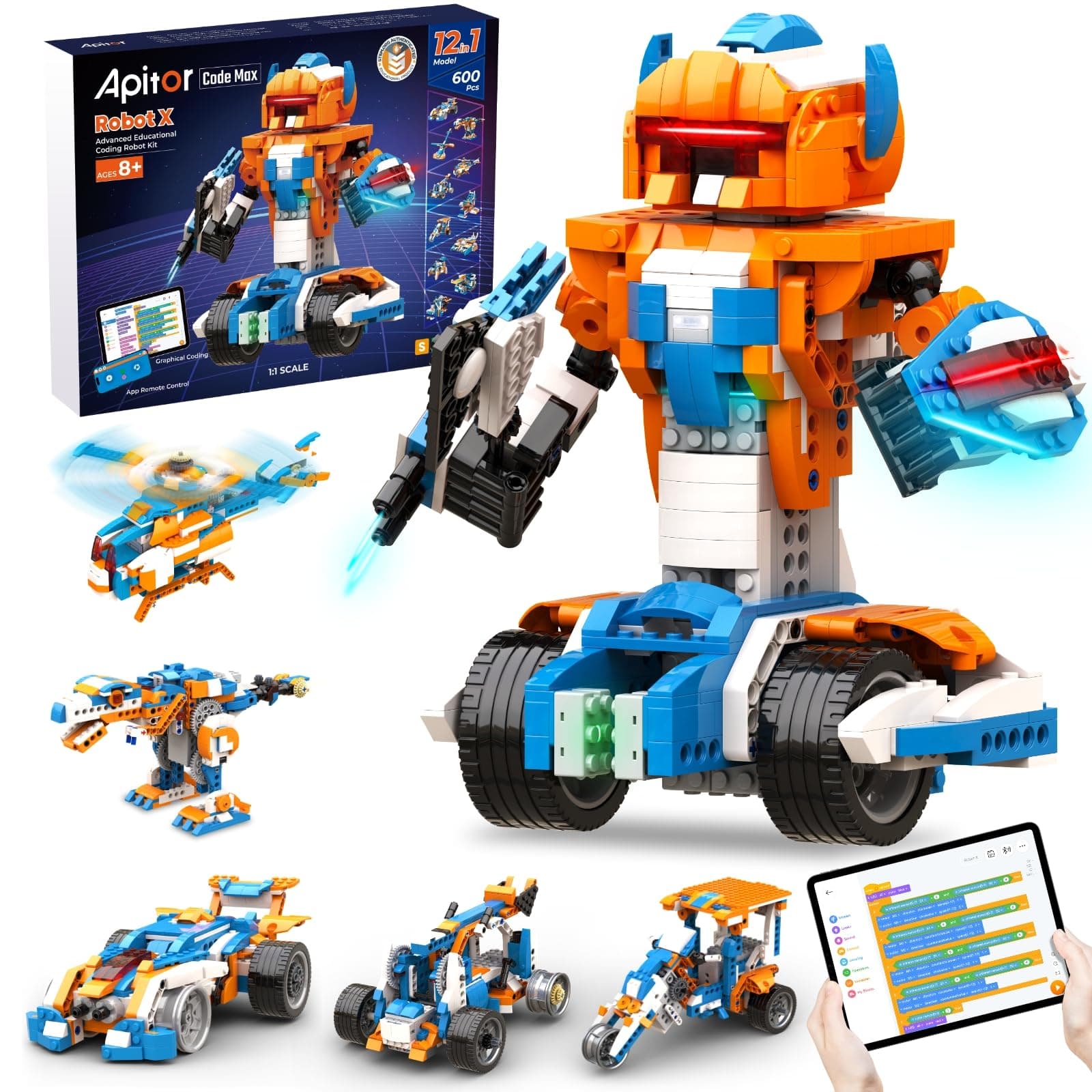 Apitor Robot X, STEM Robot Toys for Kids 8-12, Coding Toy for Boys 8+ Year Old Children, STEM Toys, 12-in-1 Robotic Building Kit, Science Kits for Kids, Programmble Gifts for Boys Christmas Birthday