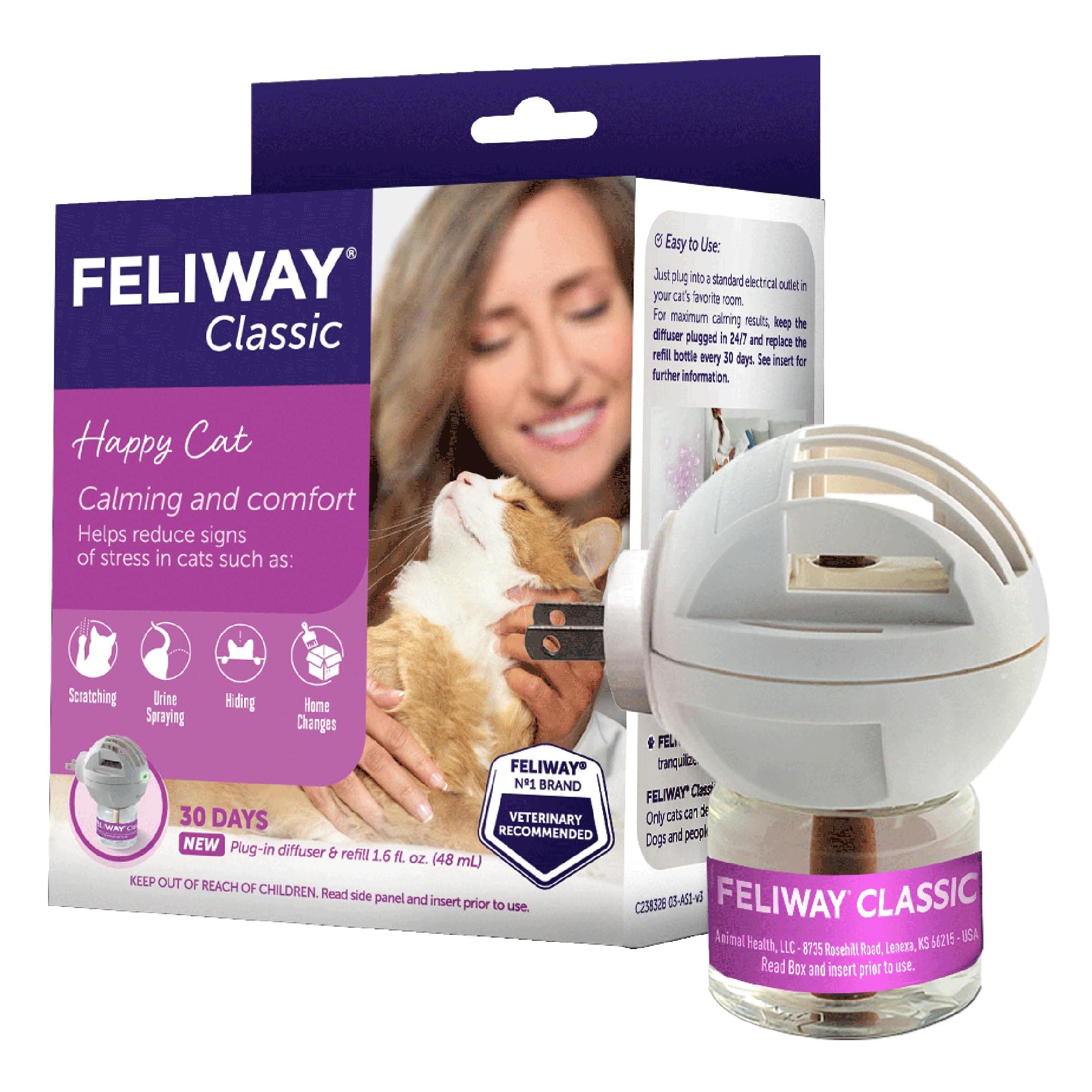 FELIWAY Classic 30 Day Cat Calming Plug In Pheromone Diffuser Starter Kit, 48ml - Helps Reduce Common Signs of Stress in Cats & Kittens, Enhanced Calming