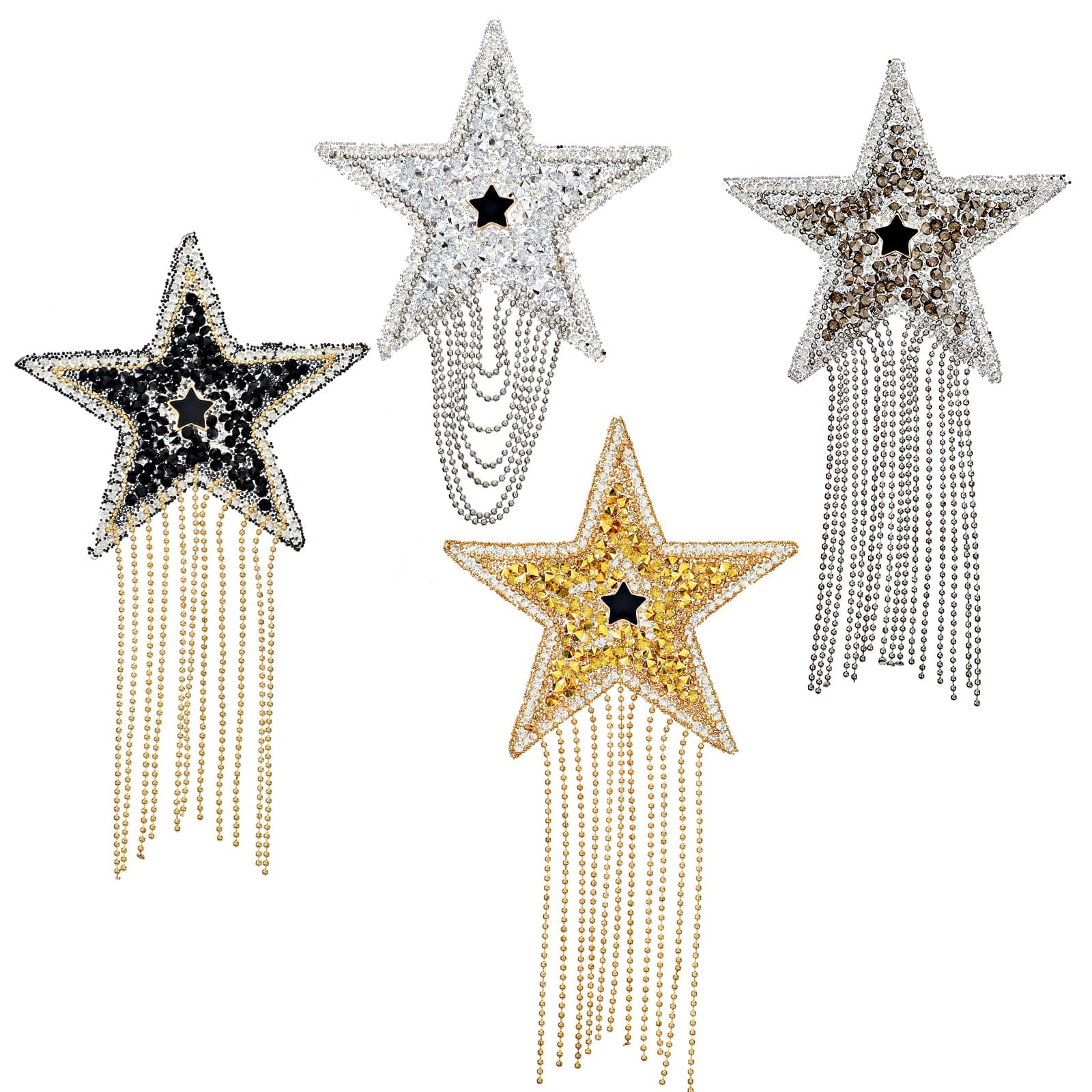 Tucnoeu4Pcs Five-Pointed Star Pattern Tassel Patch,Mixed Color Shiny Rhinestone Patches Iron on Patch Fashion Applique with Chain Tassel for Badge DIY Patch Clothes