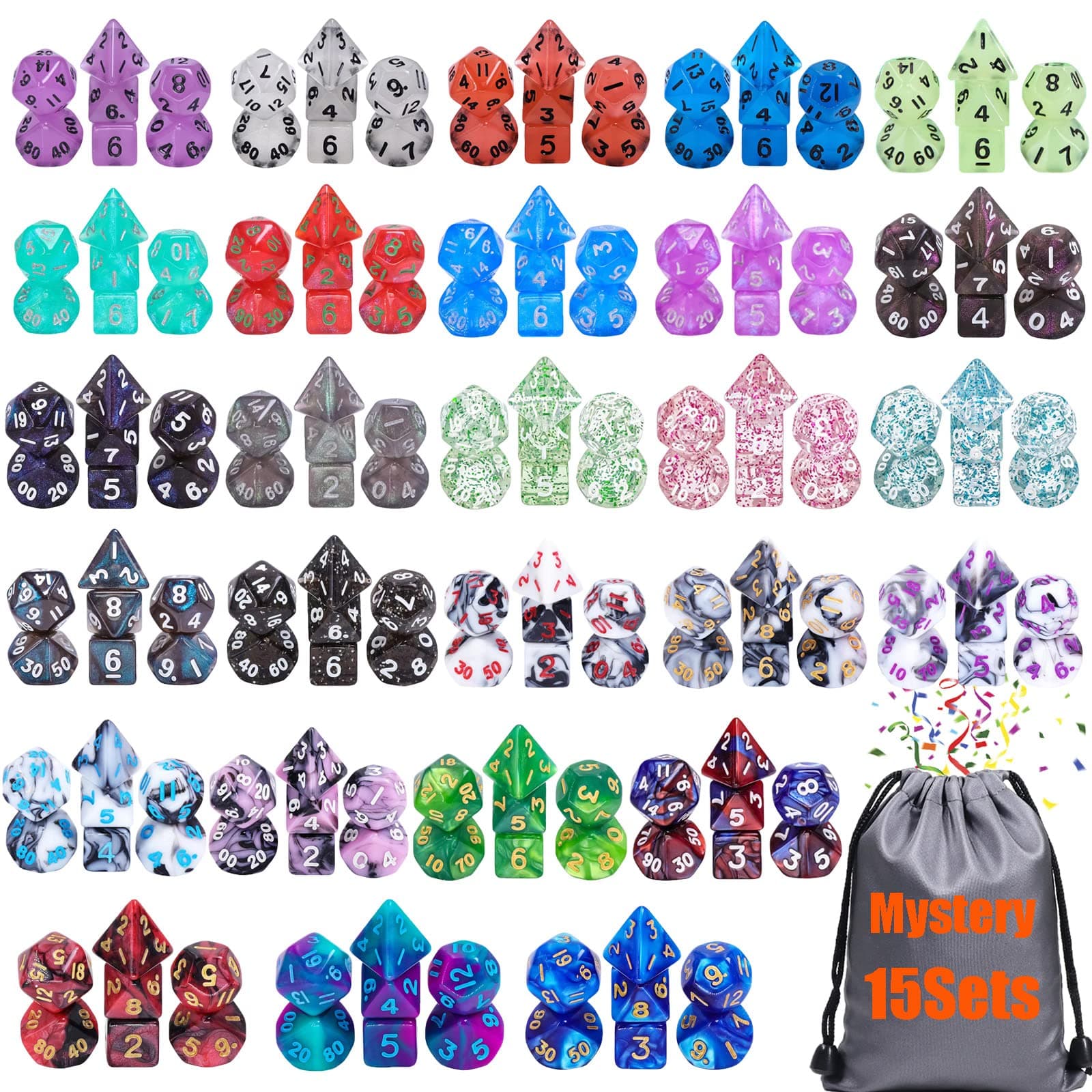 15 Sets Random Assortment Polyhedral RPG Mini Dice (105pcs),Surprise Mystery Mini Dice Set,10mm Mini DND Magic The Gathering Dice Set for MTG,RPG,D&D Dungeons and Dragons Role Playing Game