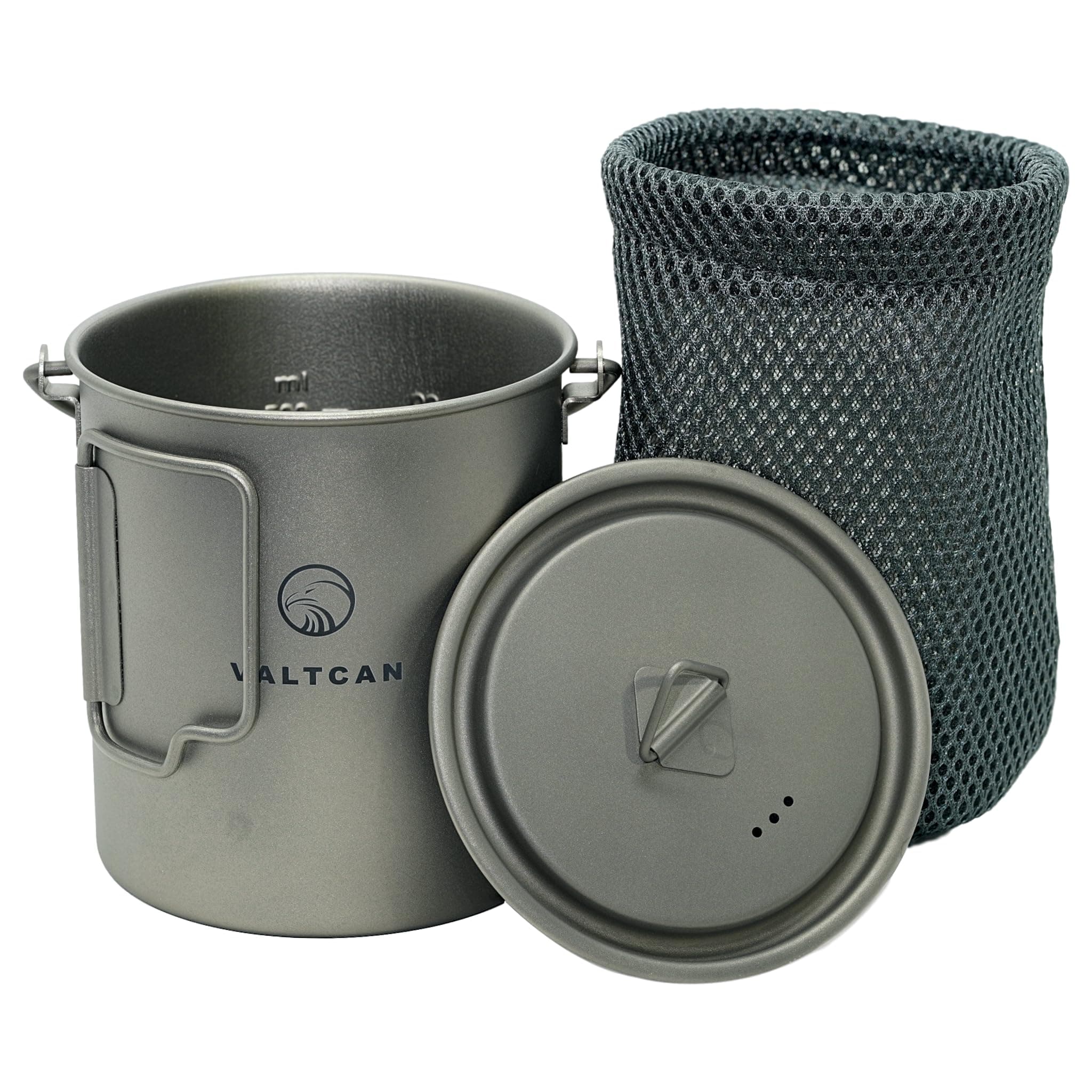 Valtcan Titanium Pot 750ml Grade 1 Thicker Build, Bail Handle, Tight-Fit Lid, 4.7 oz with Lid Ultralight Camping Mug 25.4 oz Backpacking Cookware for Hiking Bushcraft, No Metallic Taste Mesh Bag