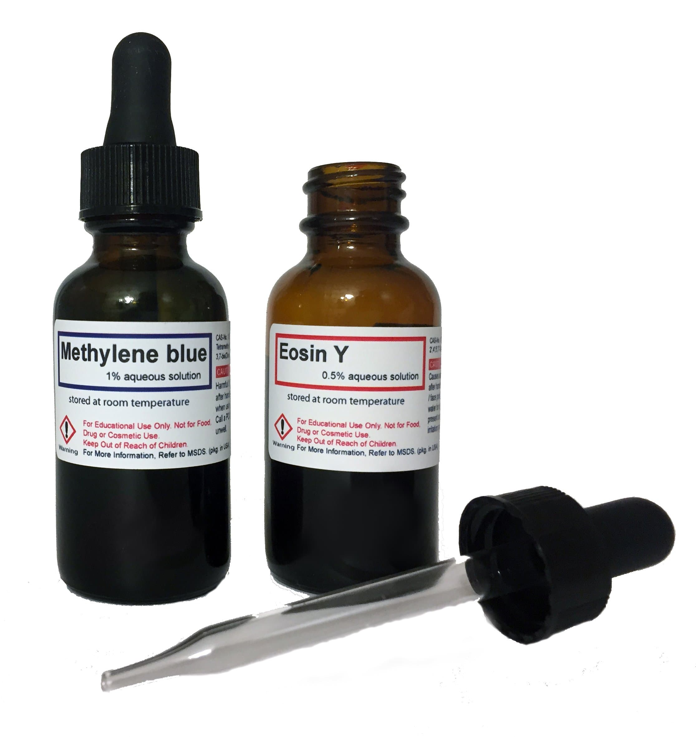 Methylene Blue and Eosin Y Solutions - 30 ml (1 oz) in Amber Glass Dropper Bottles (for Microscopy, Ready to use)