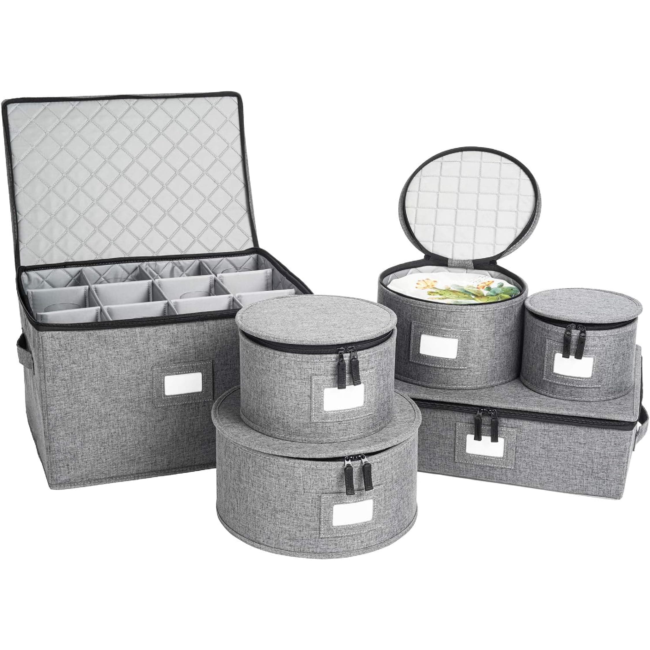 - China Storage Containers, Hard Shell Case with Felt Dividers for Charger Plates, and Dishes, Ideal for Kitchen Organization, Moving Supplies, and Fine China Storage - 6-Piece Set, Gray