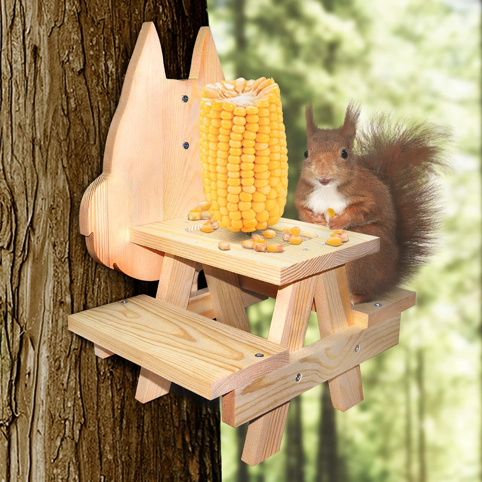 AELS Large Squirrel Picnic Table Feeder with Corn Cob Holder and Peanut Slot, Bench for Tree Deck or Fence, Wildlife Bird Animal Feeder Mounting Station, Gift for Squirrel and Chipmunk Lovers