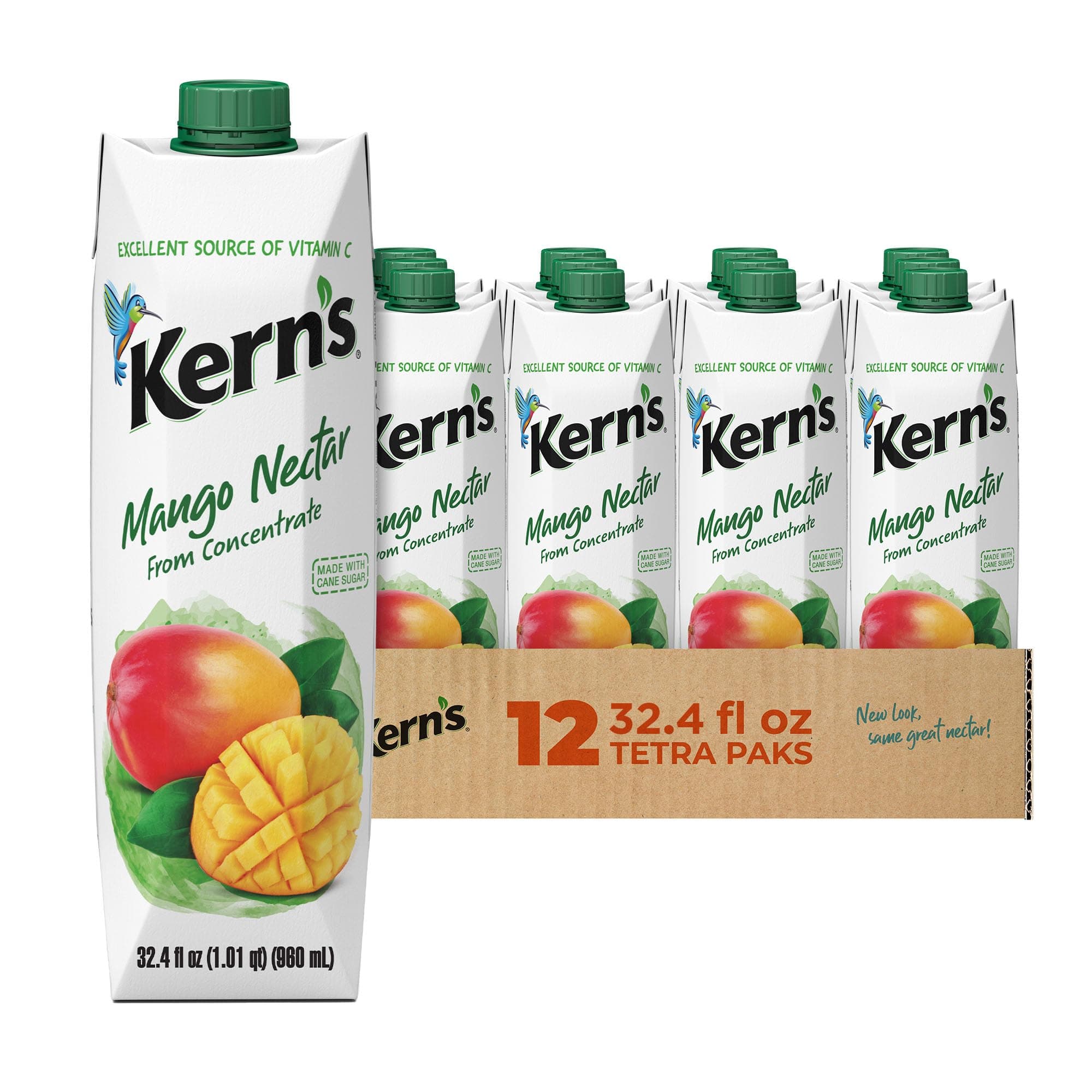 Kern’s Mango Juice Nectar - Mango Nectar Made with Fresh Fruit Puree - Tropical Fruit Juice Concentrate for Smoothie Mix, Cocktail Mixers, Kids Drinks & Mexican Beverages - 32.4oz, 12 Pack Carton