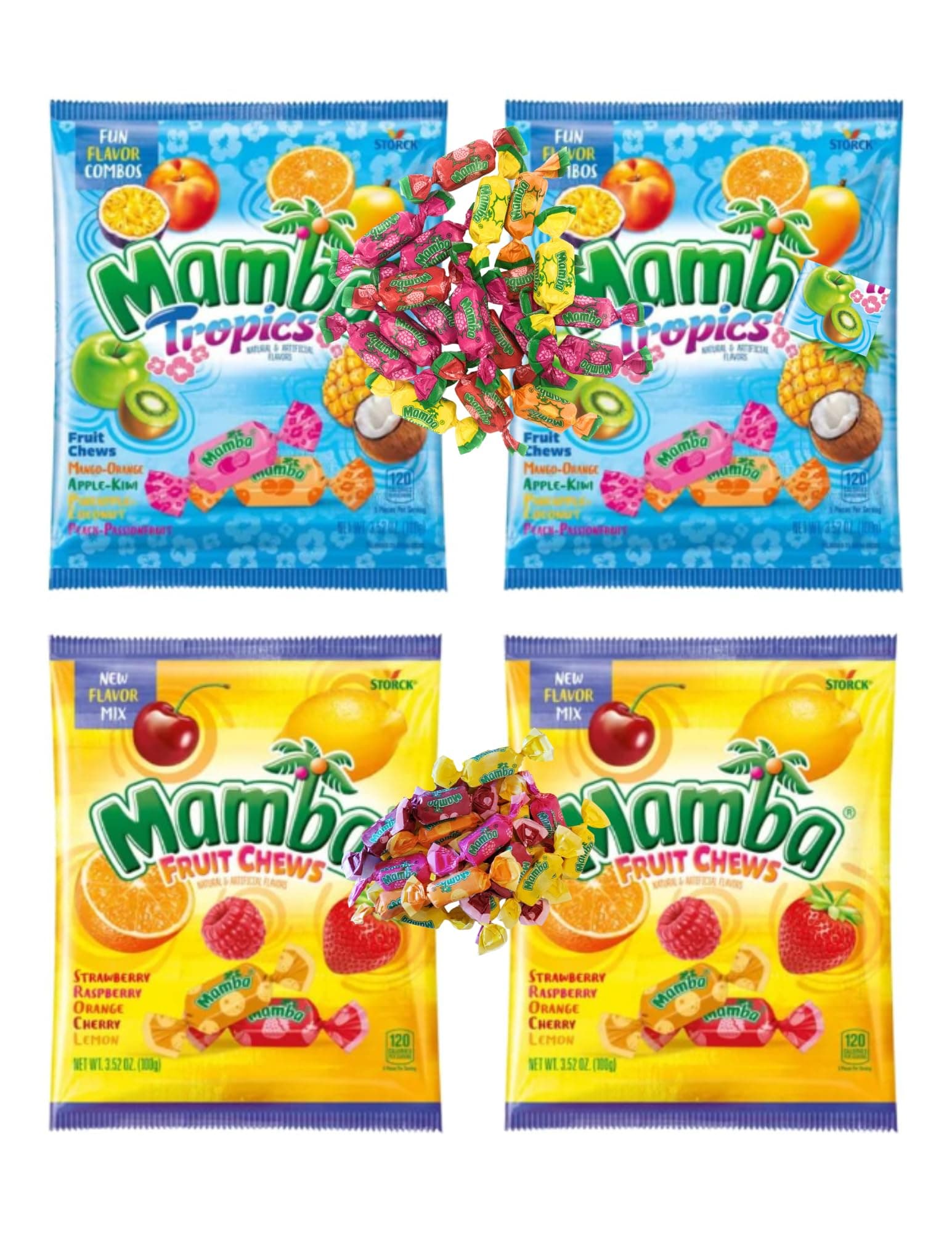 Mambaa Fruit Chews & Tropics Assorted Candy Assorted Candy - Chewy candy that is Full of Great Flavors, Individually Wrapped and Fresh! 3.52oz Bags - 4 packaged by Leathnu Foundry