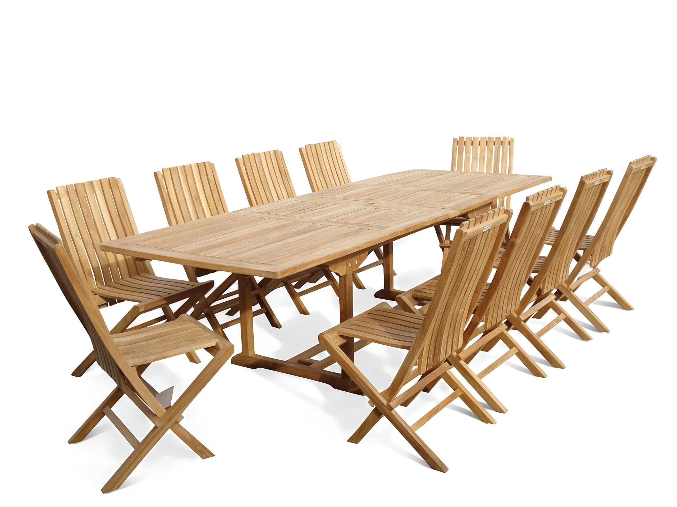 Windsor's Premium Grade A Teak 108"x39" Rectangular Double Extension Table w/10 Java Folding Chairs w/Lumbar Support Back, 5 Yr Wrty, World's Best Outdoor Furniture! Teak Lasts A Lifetime!