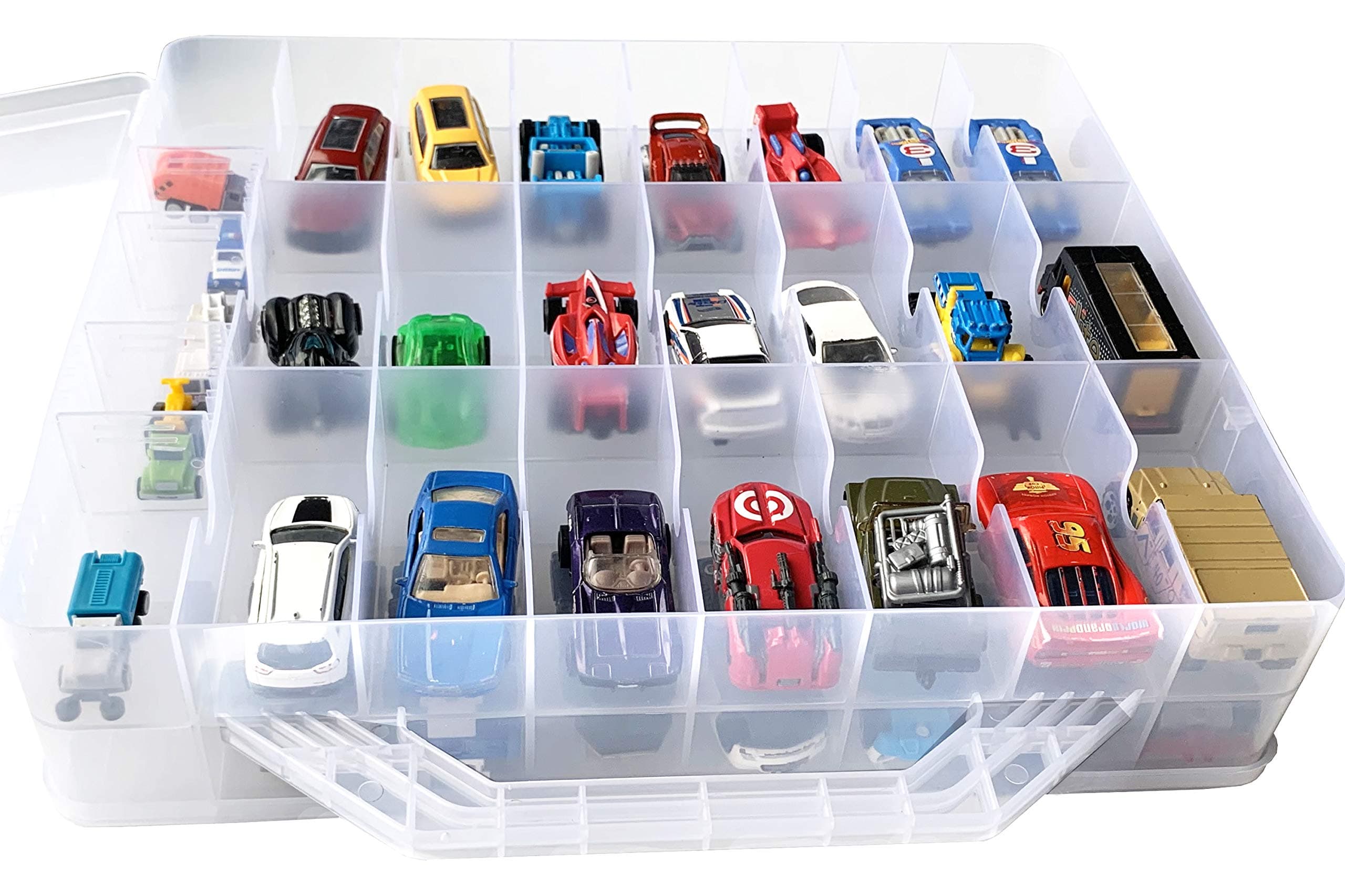 Double Sided BPA Free Toy Storage Container - Compatible with Mini Toys Brands, Small Dolls Hot Wheels Tools Crafts - Toy Organizer Carrying Case - 48 Compartments - Cars Not Included (Clear)