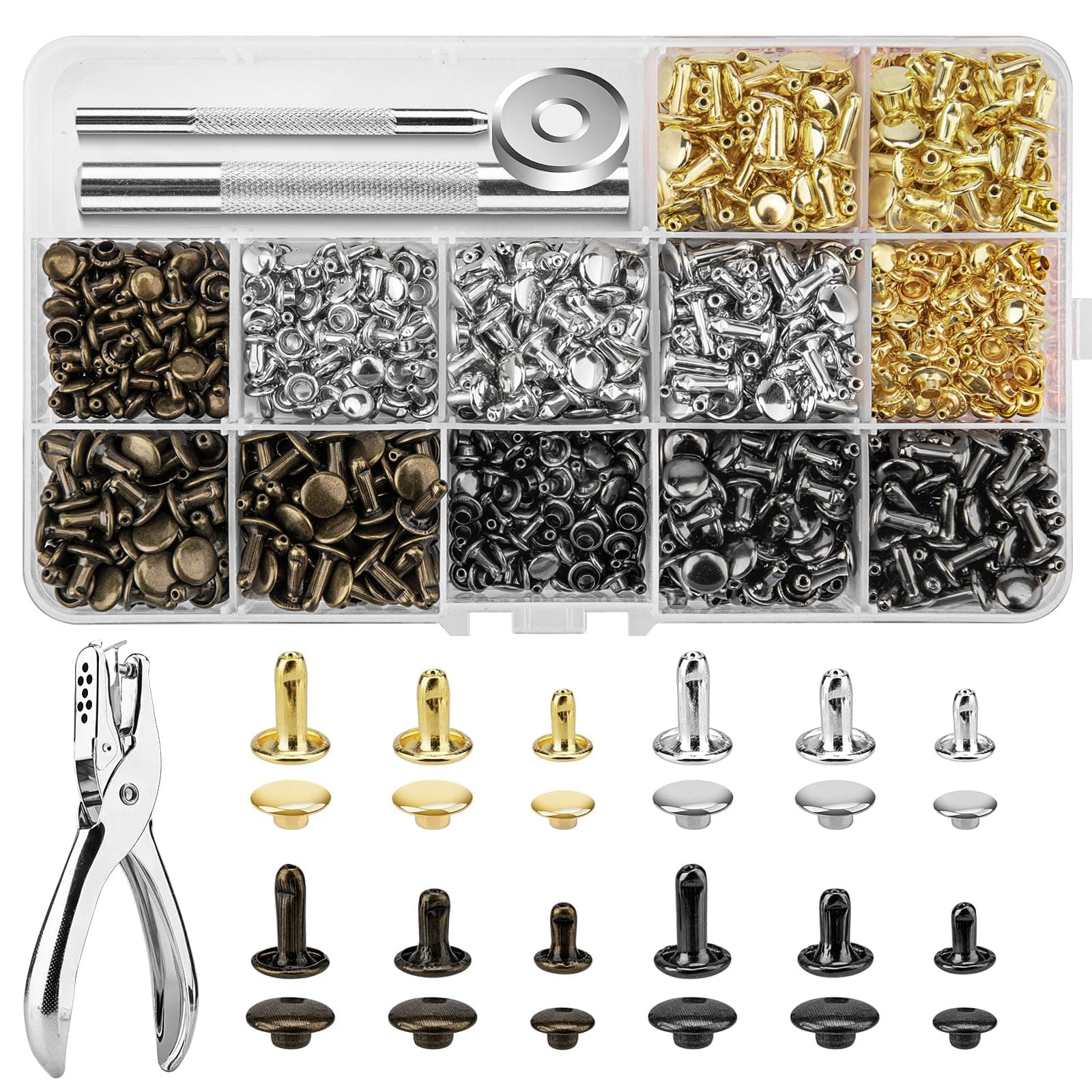 480 Sets 3 Sizes Leather Rivets Kit, Double Cap Rivet Tubular Metal Studs with Setting Tool Kit for DIY Leather Crafts, Repairs, Clothing, Belt, 4 Colors (Gold, Silver, Bronze and Gunmetal)