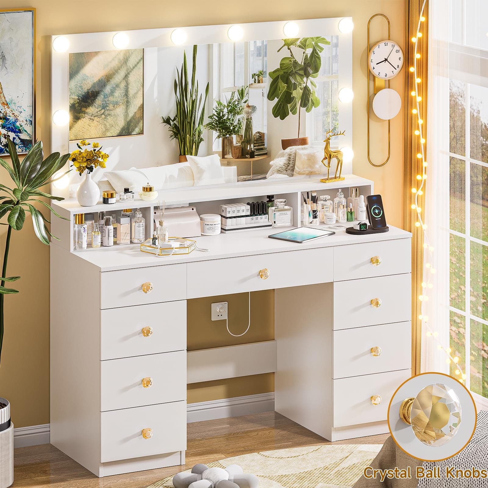 DINGIPP Vanity Desk with Lighted Mirror, Makeup Vanity Table with Power Outlet, 9 Drawers & Crystal Handles, 43.3” Large Vanity Desk Dressing Table for Women, Girls, Bedroom, White