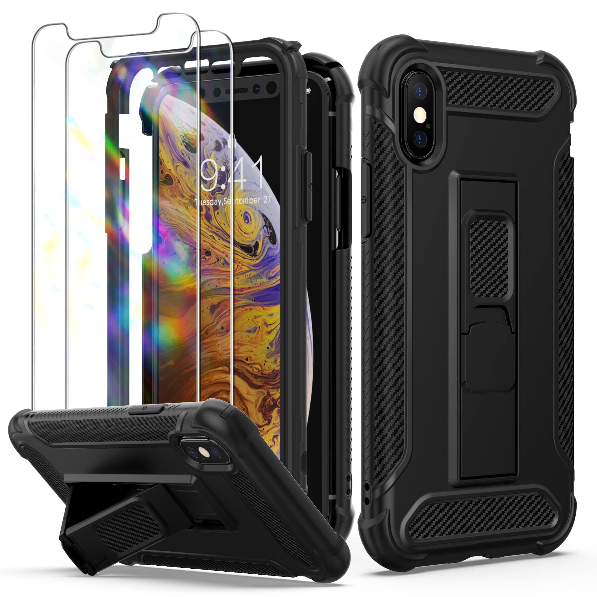 ORETECH Designed for iPhone X Case, and [2 x Tempered Glass Screen Protectors] [Heavy Duty Protection] [Kickstand & Phone Holder] Full Body Shockproof Protective Cover for iPhone XS - Black