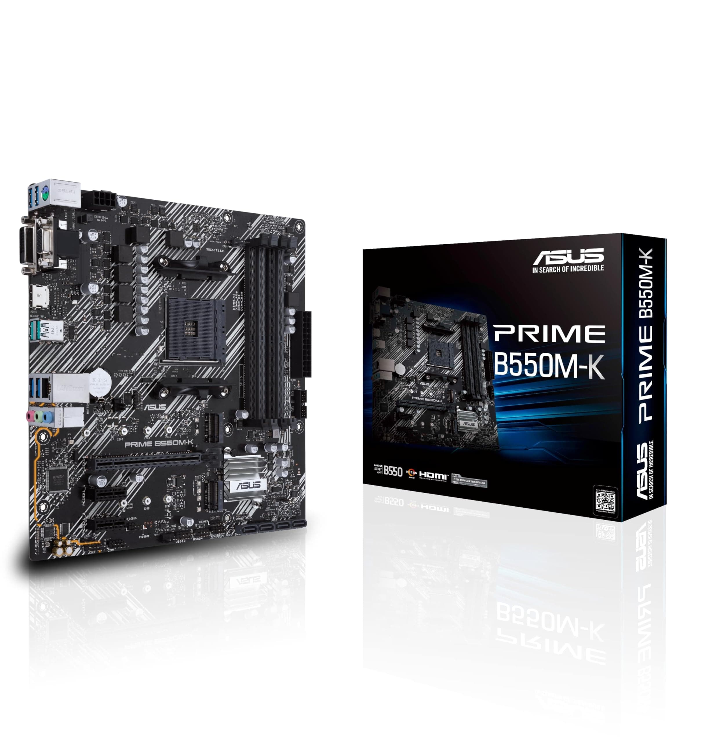 PRIME B550M-K, AMD B550 Micro ATX motherboard with dual M.2, PCIe 4.0, 1 Gb Ethernet, HDMI/D-Sub/DVI, SATA 6 Gbps, USB 3.2 Gen 2 Type-A - 90MB14V0-M0EAY0