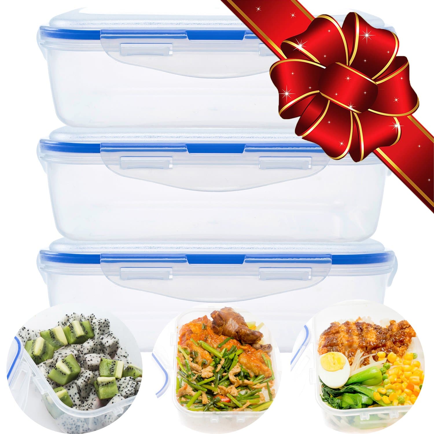 3 Pcs Food Storage Plastic Containers with Snap Locking Lid