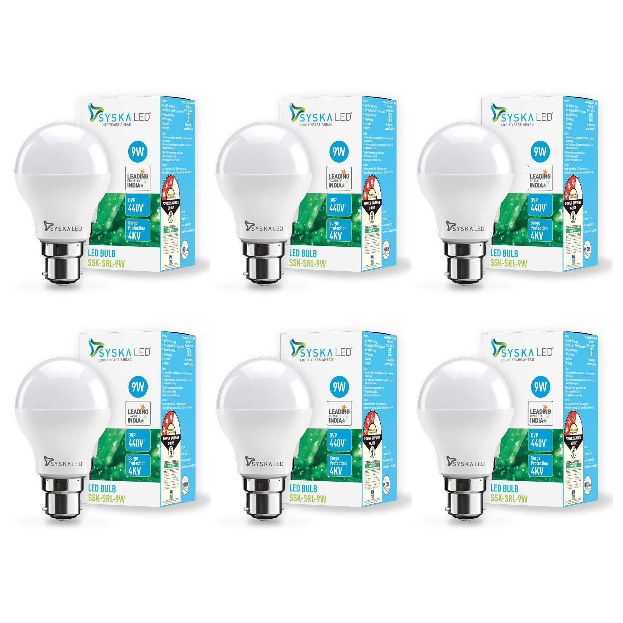 Ssk-Srl-9W- Base B22D 9-Watt Led Bulb (Pack Of 6, Cool Day Light)