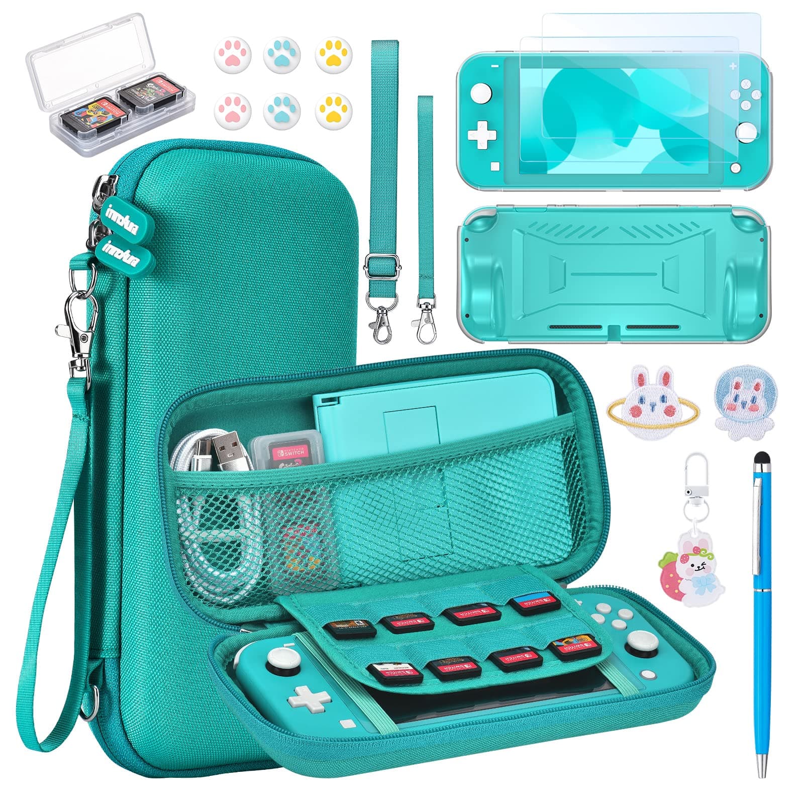 innoAura Switch Lite Case 18-in-1 Accessories Bundle for NS Switch Lite (2019), with Protective Carrying Case, Game Holder, Screen Protector & Cute Thumb Grips, Turquoise