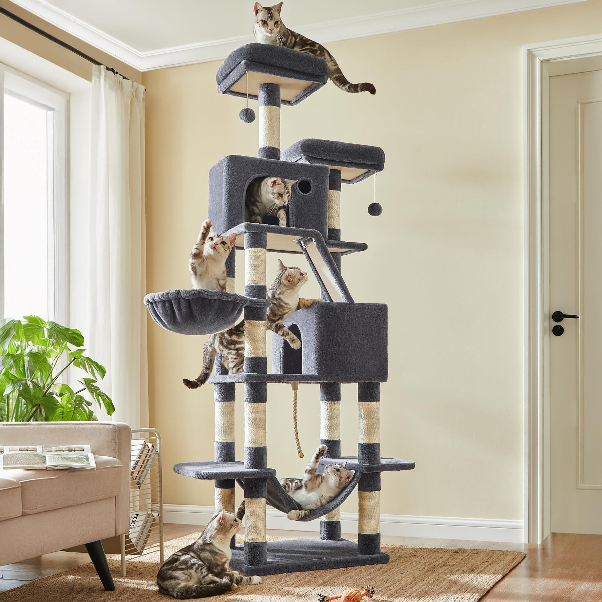 Cat Tree, 81.1-Inch Large Cat Tower, Multi-Level Plush Condo with 13 Scratching Posts, 2 Perches, 2 Caves, Basket, Hammock, Pompoms, Smoky Gray UPCT190G01