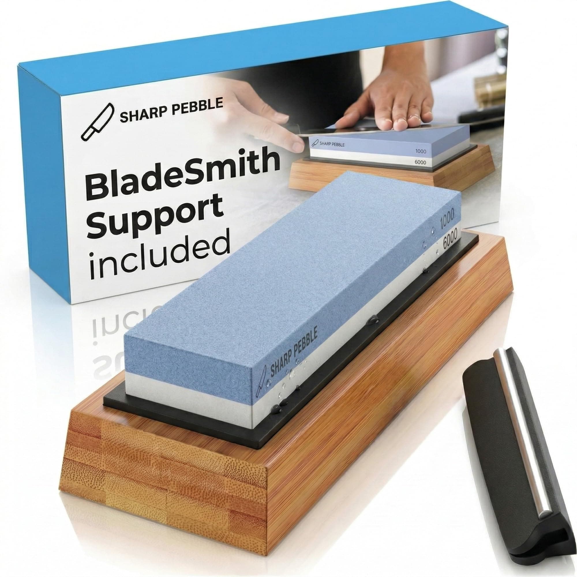 Sharp Pebble Premium Whetstone Knife Sharpening Stone 2 Side Grit 1000/6000 Waterstone- Whetstone Knife Sharpener- NonSlip Bamboo Base & Angle Guide