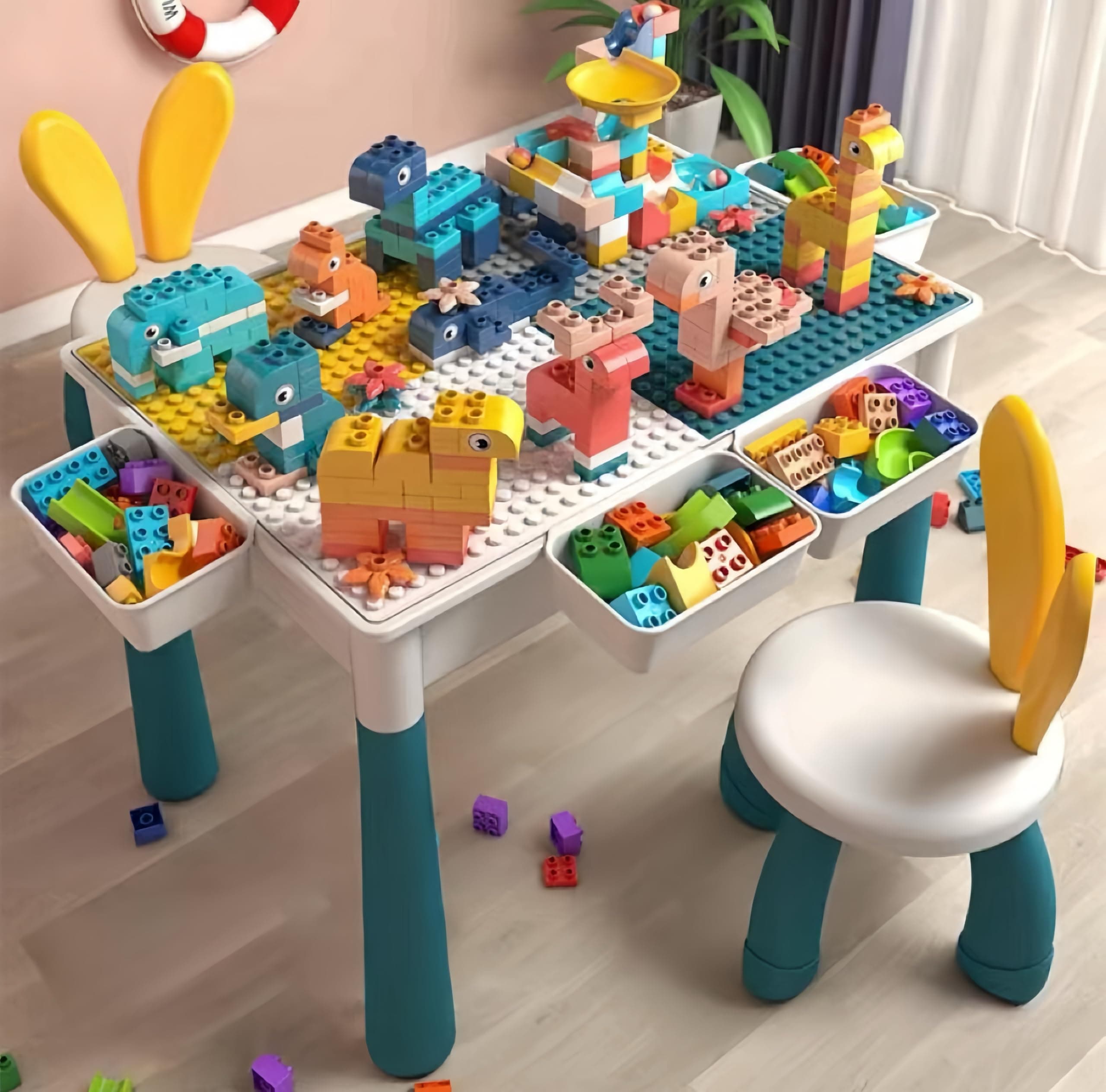 Kids Multi-Functional Educational Block Table and 1 Chair Set ï¼ˆInclude 403pcs building blocksï¼‰â€“ Kids Multi Activity Building Block Table Toy with Storage; kids study table and chair