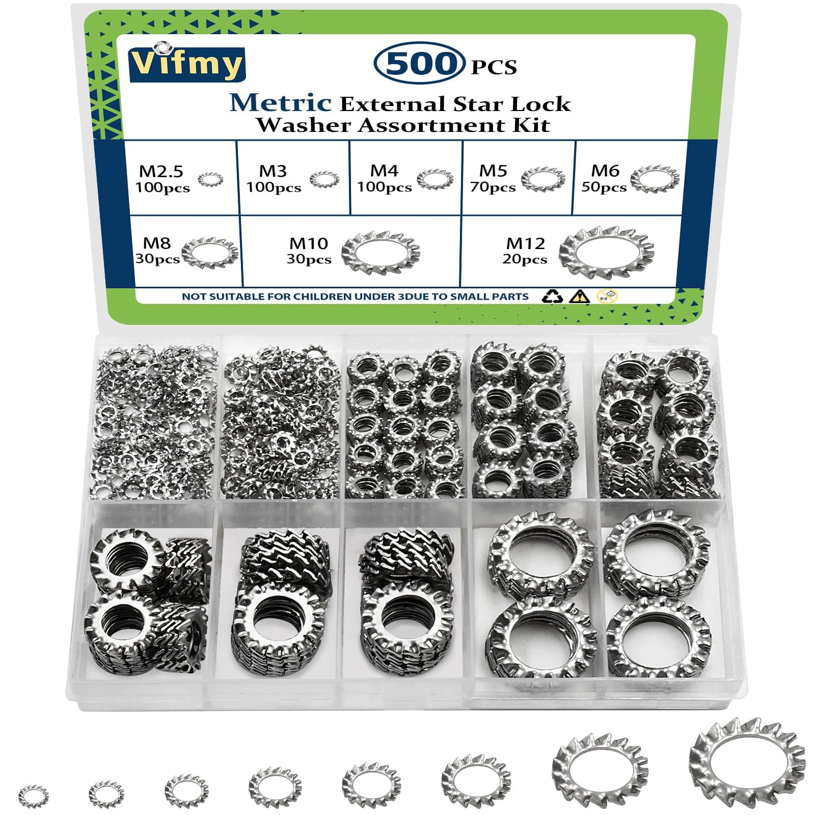 External Tooth Lock Washers Assortment Kit(500 Pack),M2.5 M3 M4 M5 M6 M8 M10 M12 Metric 304 Stainless Steel External Star Washer Sets