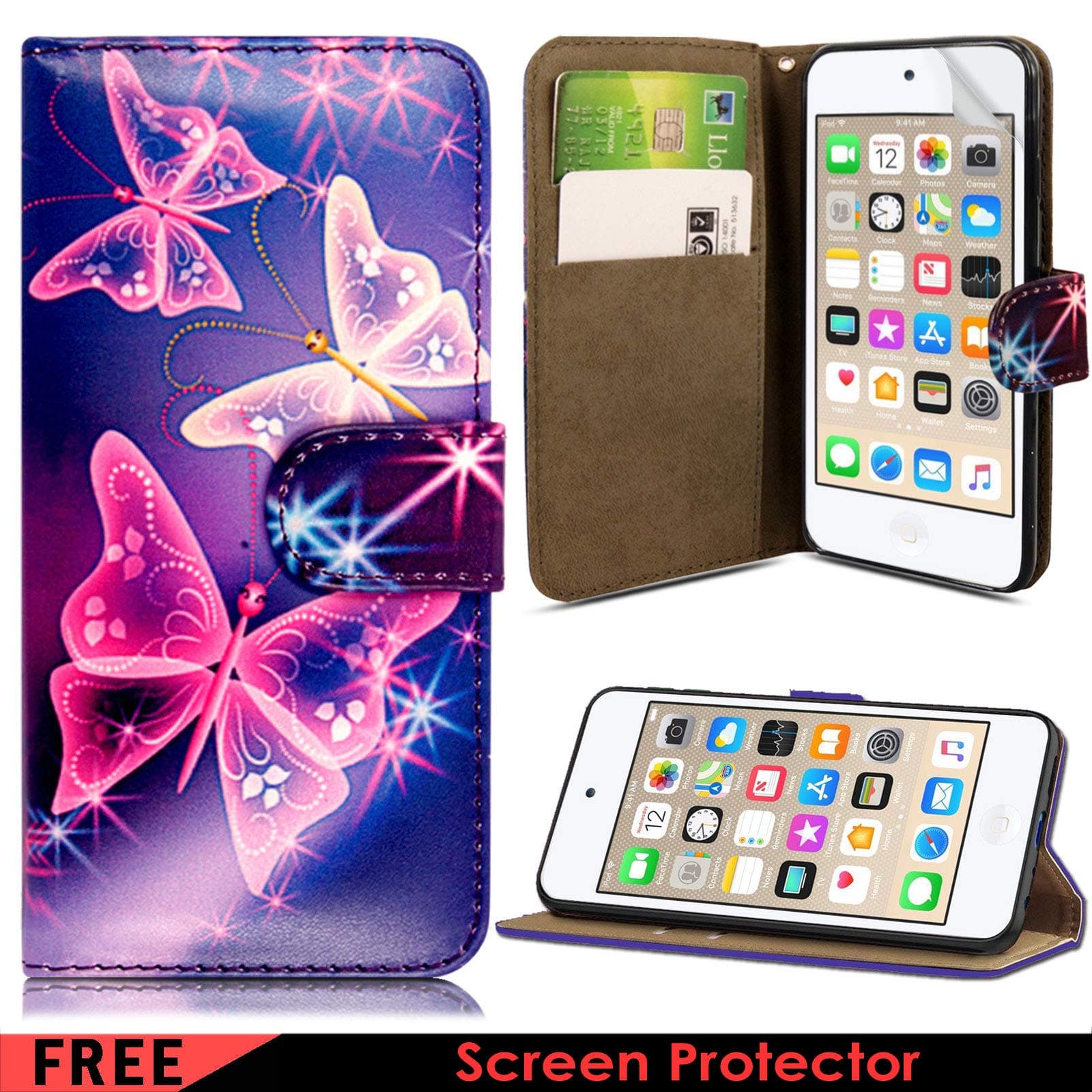 iPod Touch 5 Case, iPod Touch 6 Case, iPod Touch 7 Case, Magnetic Premium Leather Wallet Flip Case Cover for Apple iPod Touch 5th / 6th Generation (Butterfly On Blue)