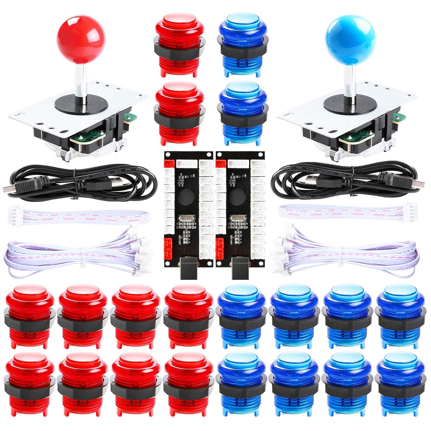 Qenker 2 Player LED Arcade DIY Parts 2X USB Encoder + 2X Joystick + 20x LED Arcade Buttons for PC, MAME, Raspberry Pi, Windows (Red & Blue Kit)