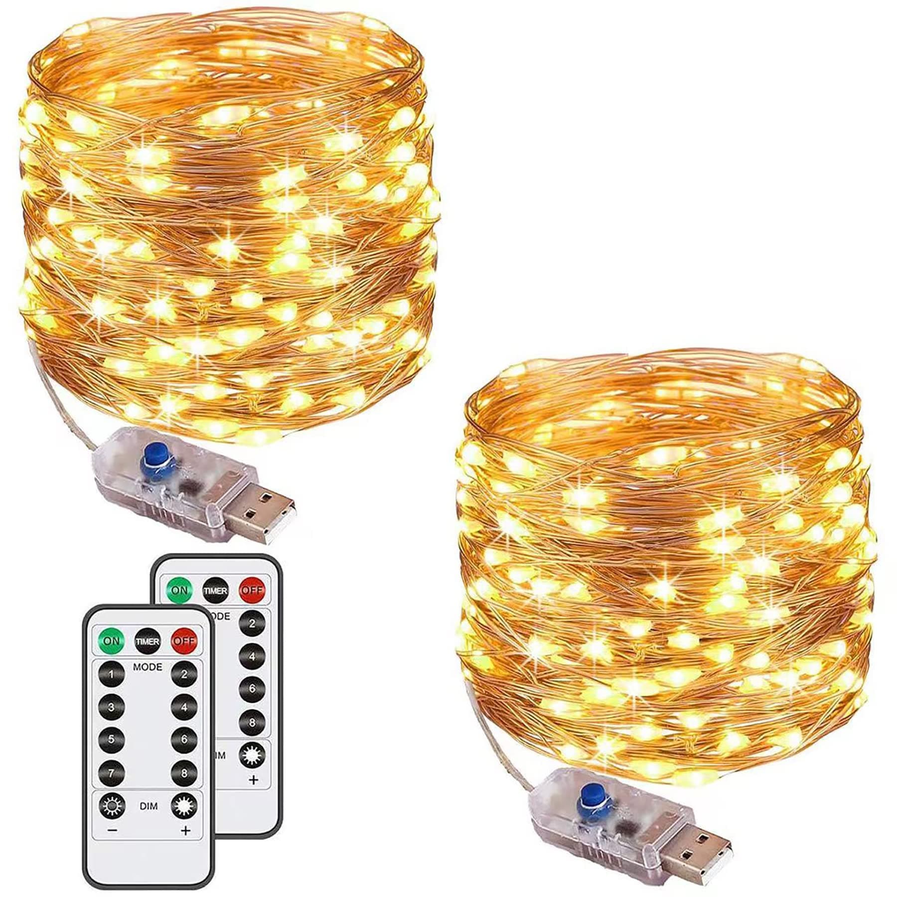 [2 Pack] String Lights 120 LED Lights 40ft 8 Modes USB Plug-in Lights Waterproof for Outdoor/Indoor Copper String Lights with Remote Timer for Bedroom Party Wedding Christmas (Warm White)