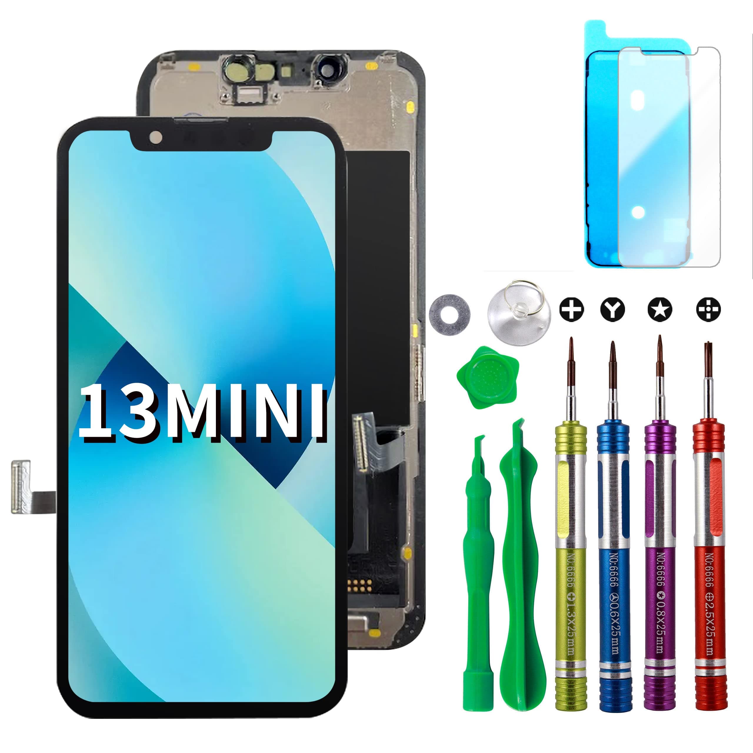 LCD Screen Replacement for iPhone 13 Mini (A2481, A2626, A2629, A2630, A2628) 5.4 inch Touch Screen Display Digitizer Frame Assembly W/Repair Kit + Adhesive + Tempered Glass