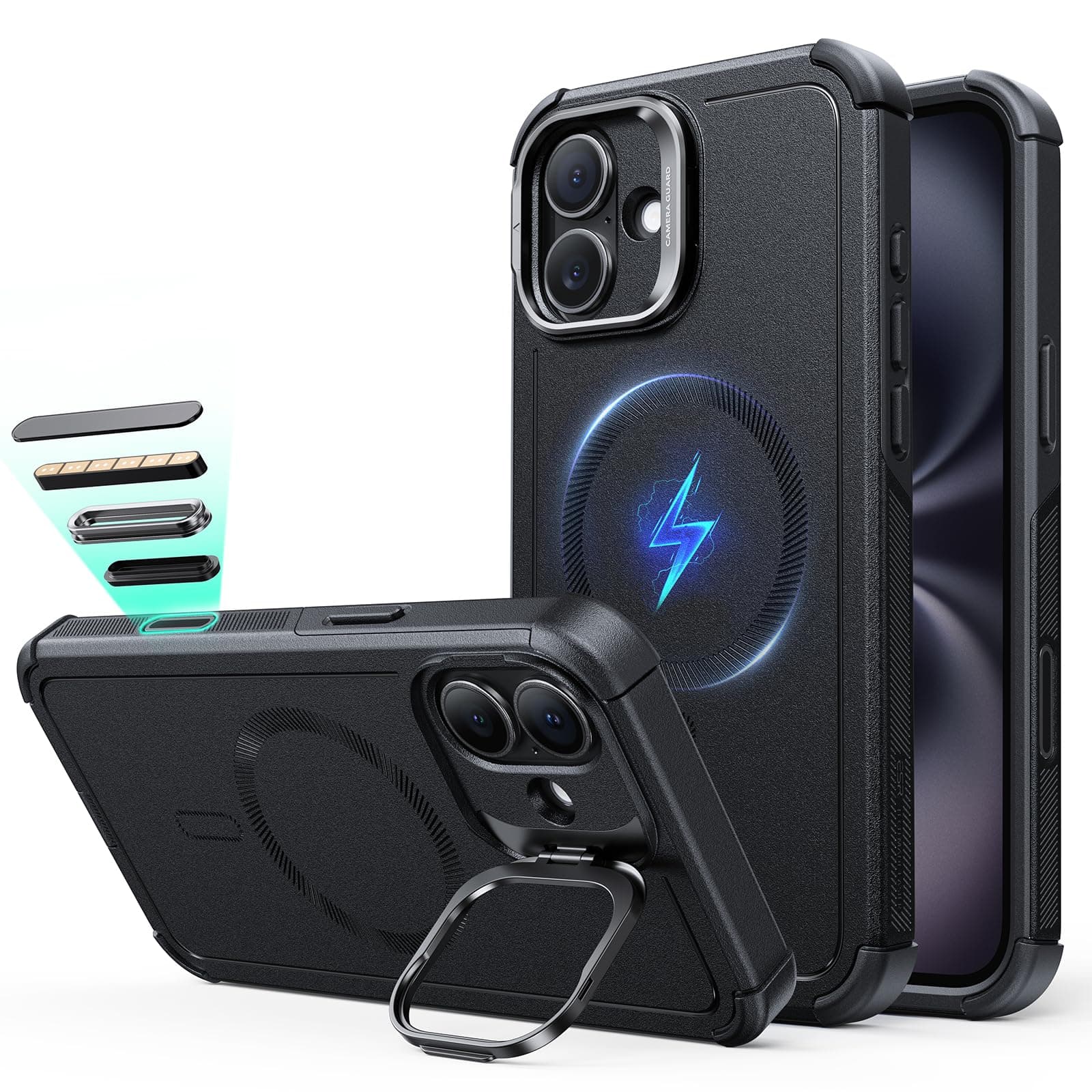 for iPhone 16 Case with Stash Stand, Camera Control, 23FT Military-Grade Shock-Absorbing Drop Protection, Compatible with MagSafe Accessories, Magnetic Cyber Series, Black