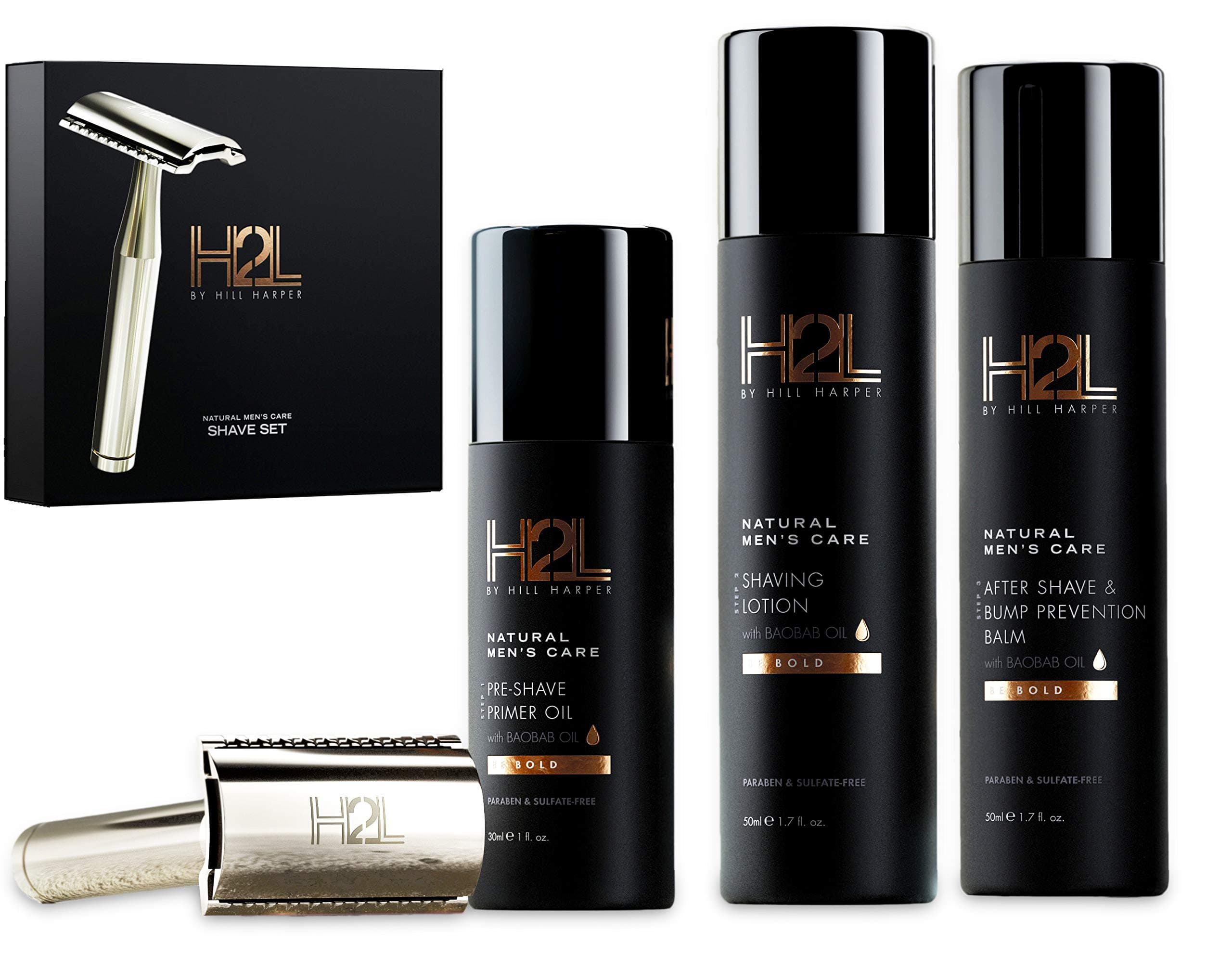H2L Complete Wet Shaving Kit For Men | Includes High-End Razor & 5 Blades, Pre-Shave Primer Oil, Shaving Lotion, & After Shave Bump Prevention Balm (5 pieces in gift set) | By Hill Harper