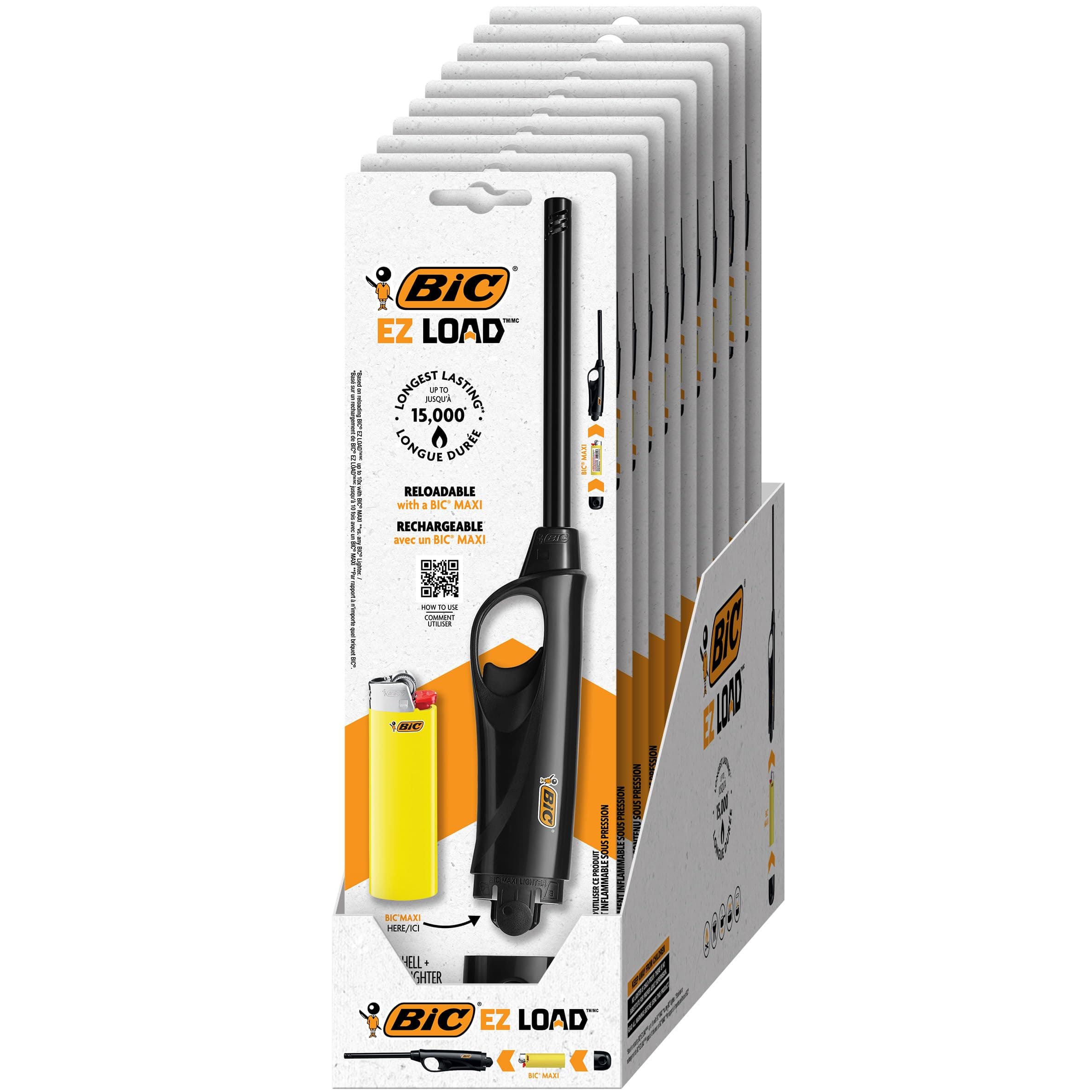 BIC EZ Load Lighter, Reloadable Multi Purpose Lighter, Pack with 10 BIC EZ Load Long Lighter Shell and 10 BIC Maxi Pocket Lighters 10-Pack (Colors May Vary), Assorted