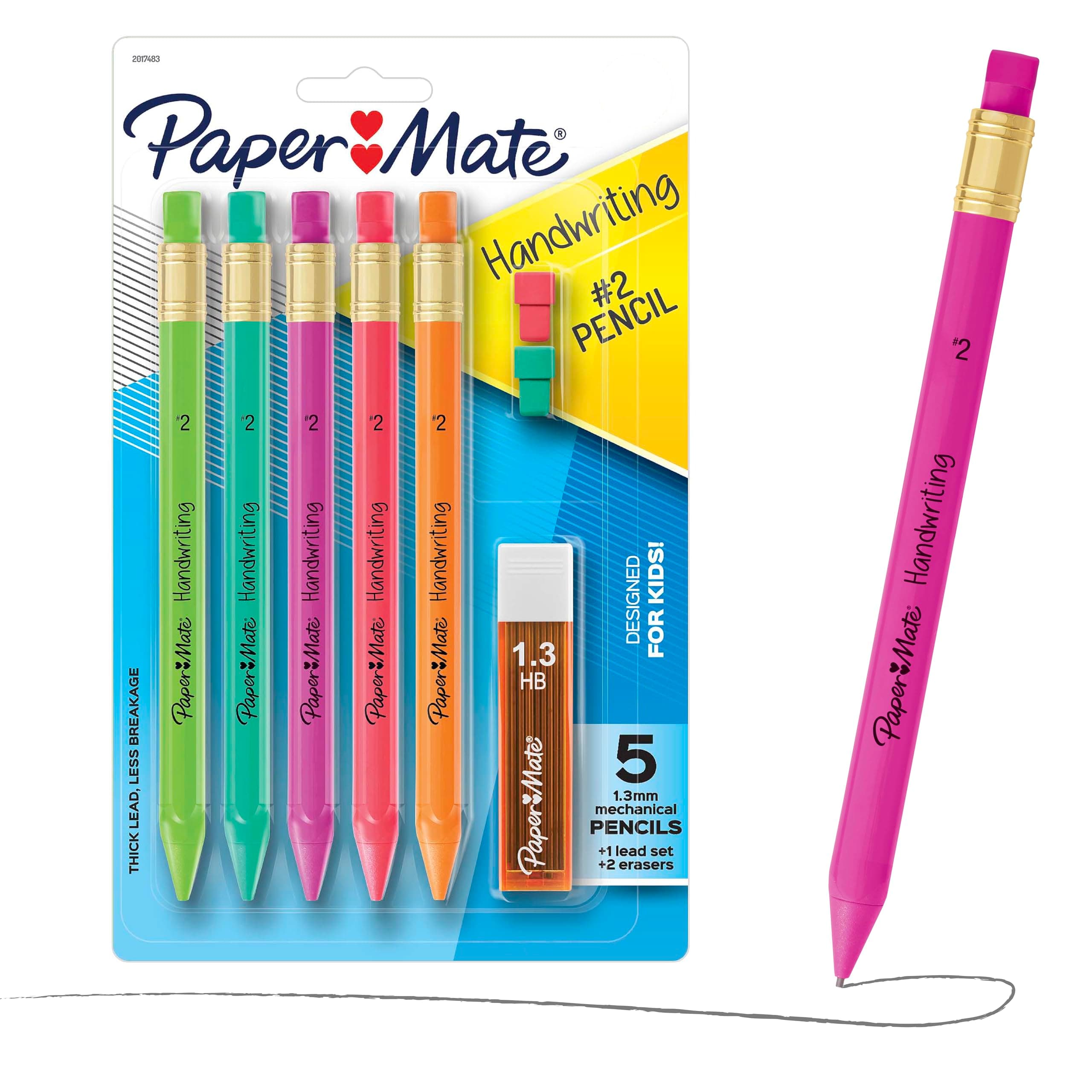 Paper Mate Handwriting Triangular Mechanical Pencil Set with Lead & Eraser Refills, 1.3mm, 8 Count - Back to School, Teacher Supplies, Home, Kids Writing, Fun Barrel Colors